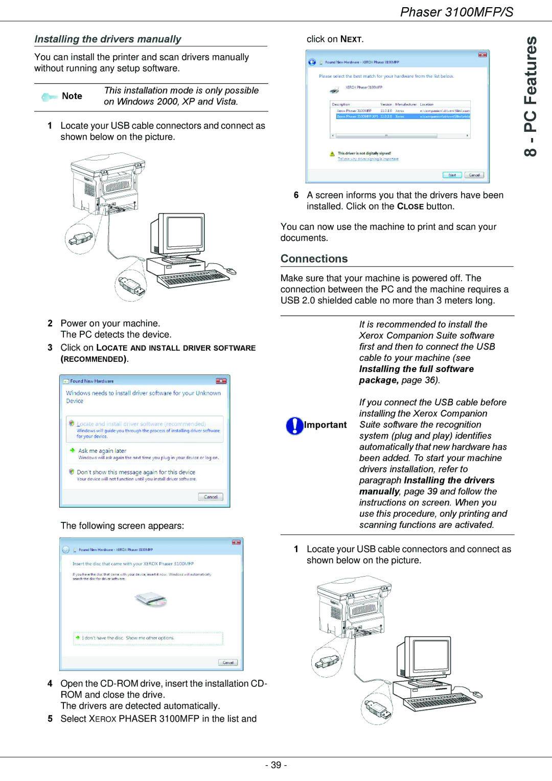 Xerox 3100MFP/S Connections, Installing the drivers manually 