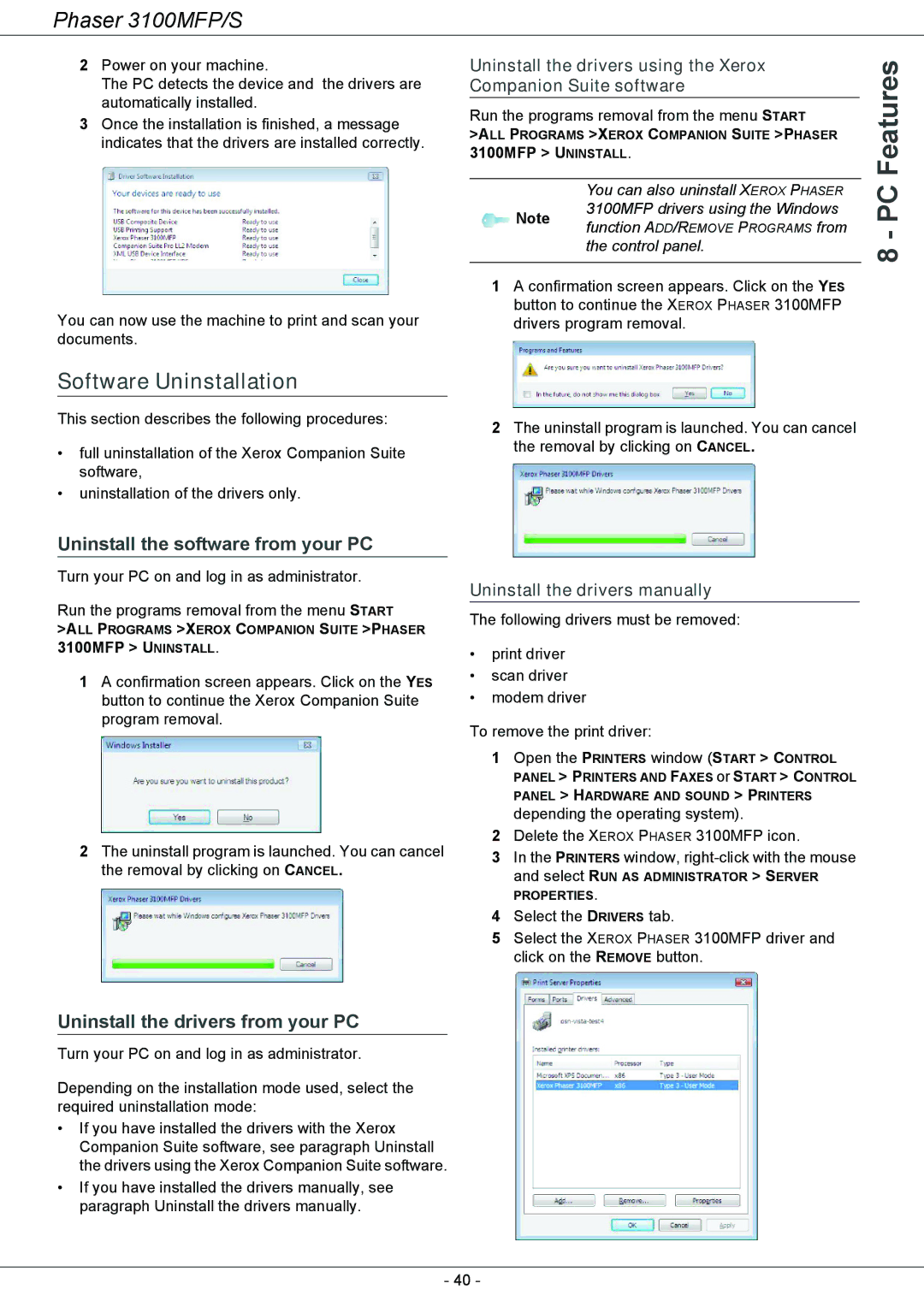 Xerox 3100MFP/S manual Software Uninstallation, Uninstall the software from your PC, Uninstall the drivers from your PC 