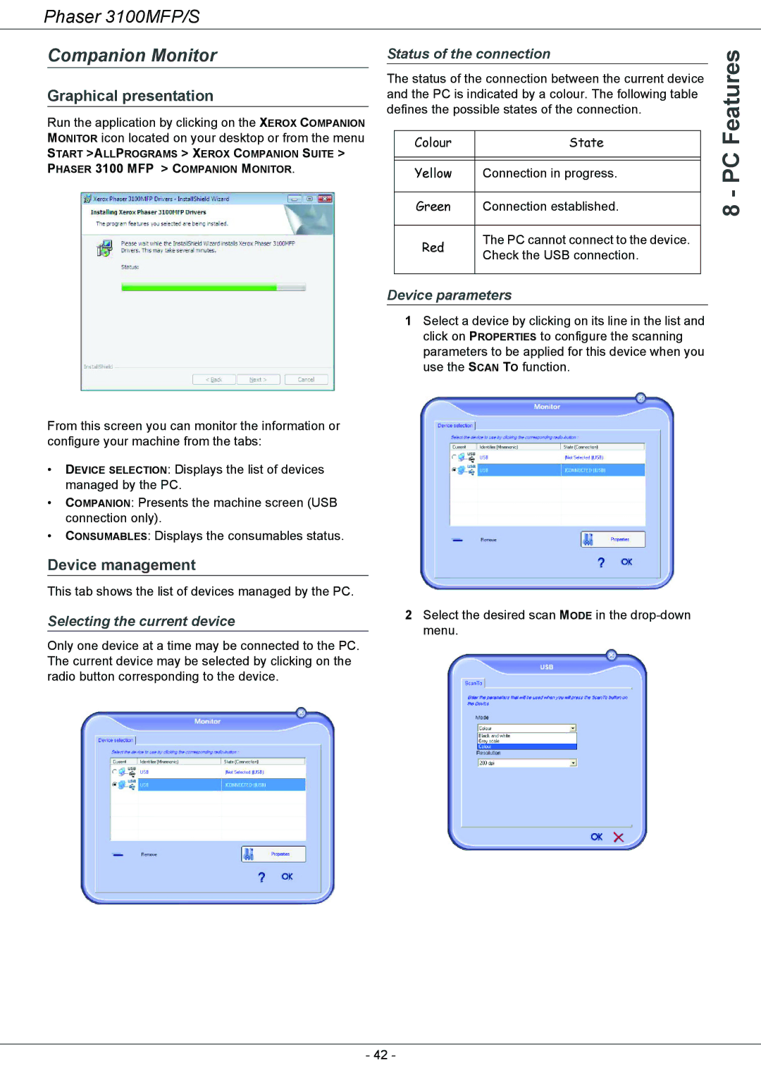 Xerox 3100MFP/S manual Companion Monitor, Device management, Selecting the current device, Status of the connection 