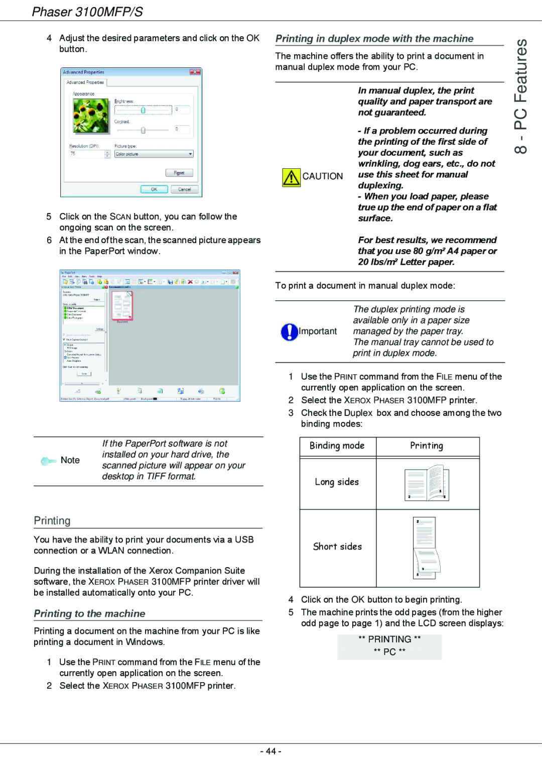 Xerox 3100MFP/S manual Printing to the machine, Printing in duplex mode with the machine 