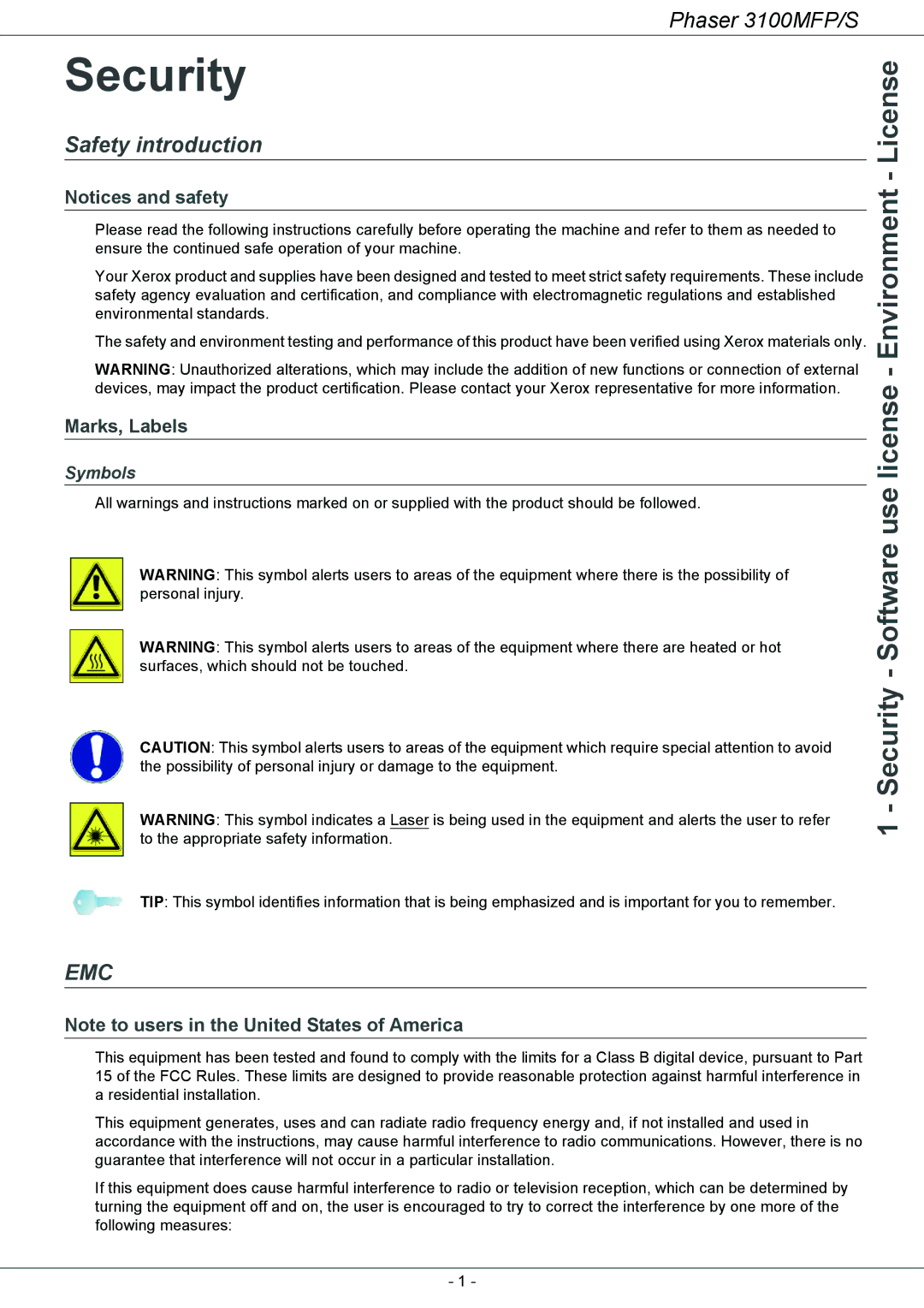 Xerox 3100MFP/S manual Security Software use license Environment License, Safety introduction, Marks, Labels, Symbols 