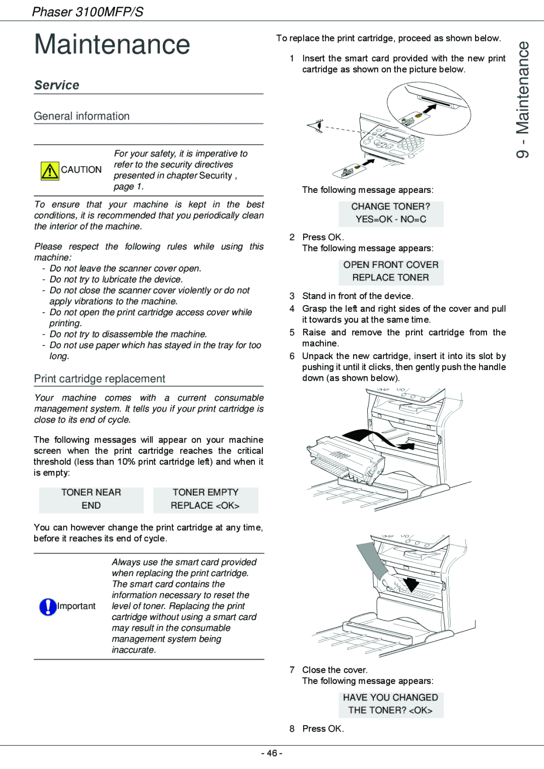 Xerox 3100MFP/S manual Maintenance, Service, General information, Print cartridge replacement 