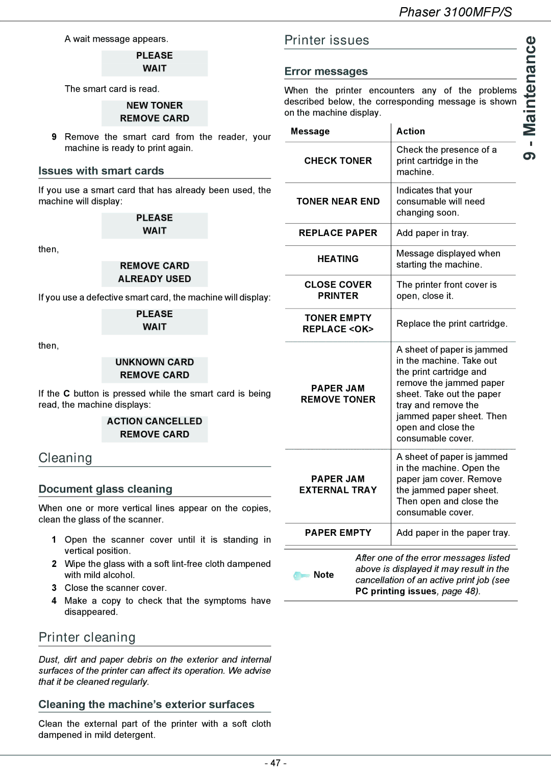 Xerox 3100MFP/S manual Cleaning, Printer issues, Printer cleaning 