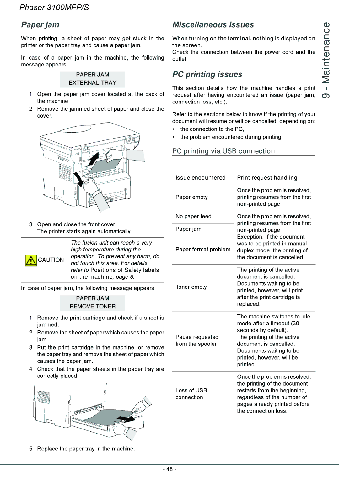 Xerox 3100MFP/S manual Maintenance, Paper jam, Miscellaneous issues, PC printing issues, PC printing via USB connection 