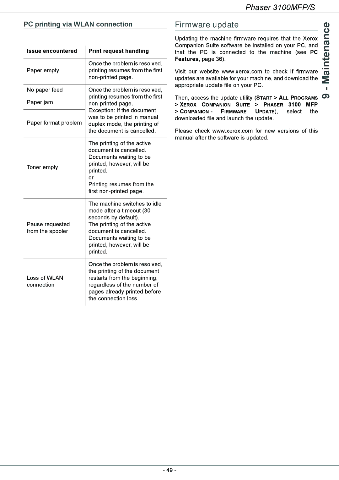 Xerox 3100MFP/S Firmware update, PC printing via Wlan connection, Updating the machine firmware requires that the Xerox 