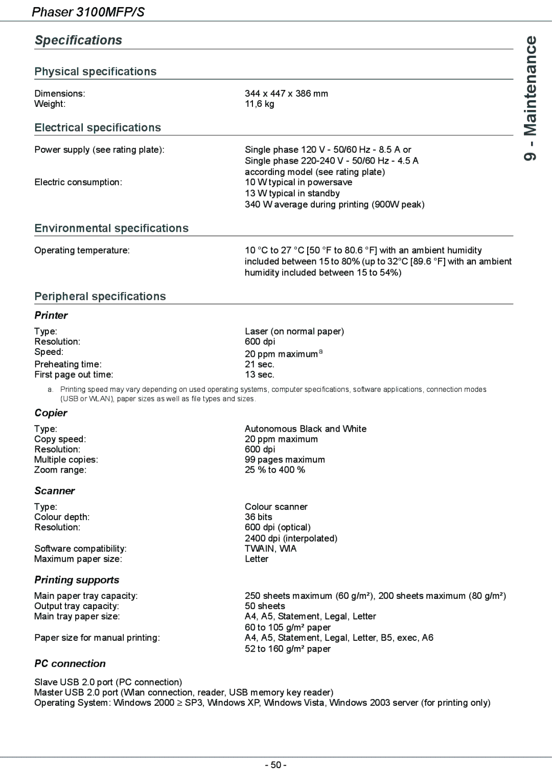 Xerox 3100MFP/S manual Specifications, Physical specifications, Electrical specifications, Environmental specifications 