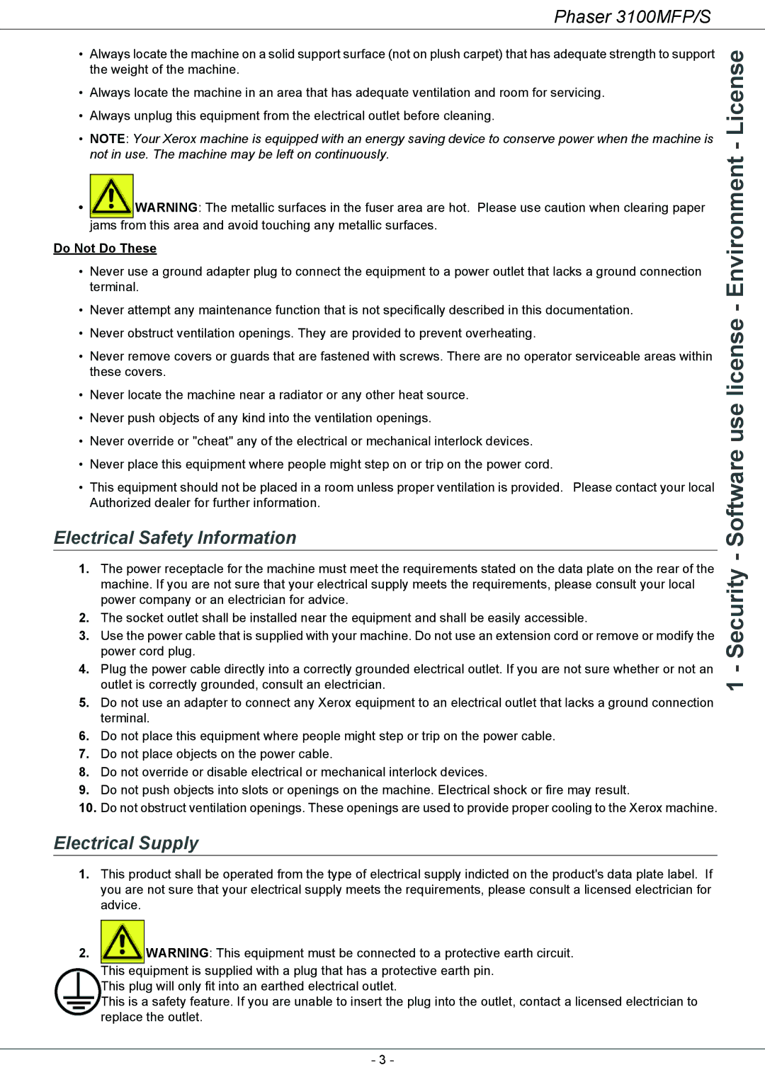 Xerox 3100MFP/S manual Electrical Safety Information, Electrical Supply, Do Not Do These 