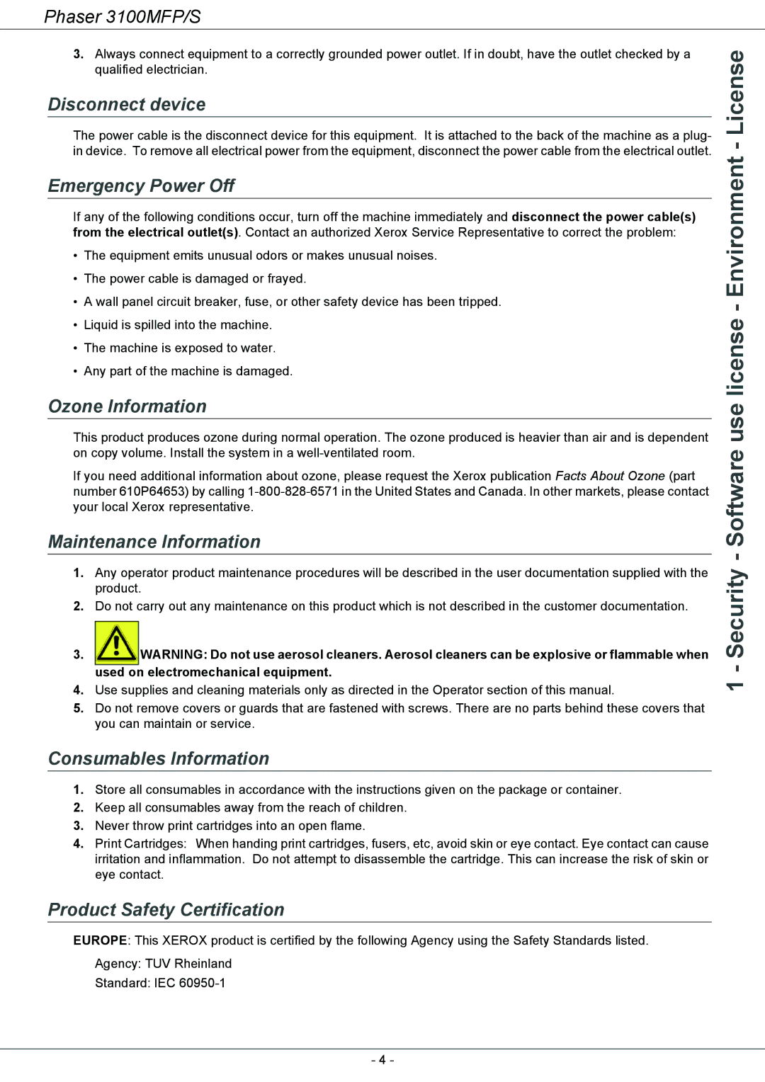 Xerox 3100MFP/S manual Disconnect device, Emergency Power Off, Ozone Information, Maintenance Information 