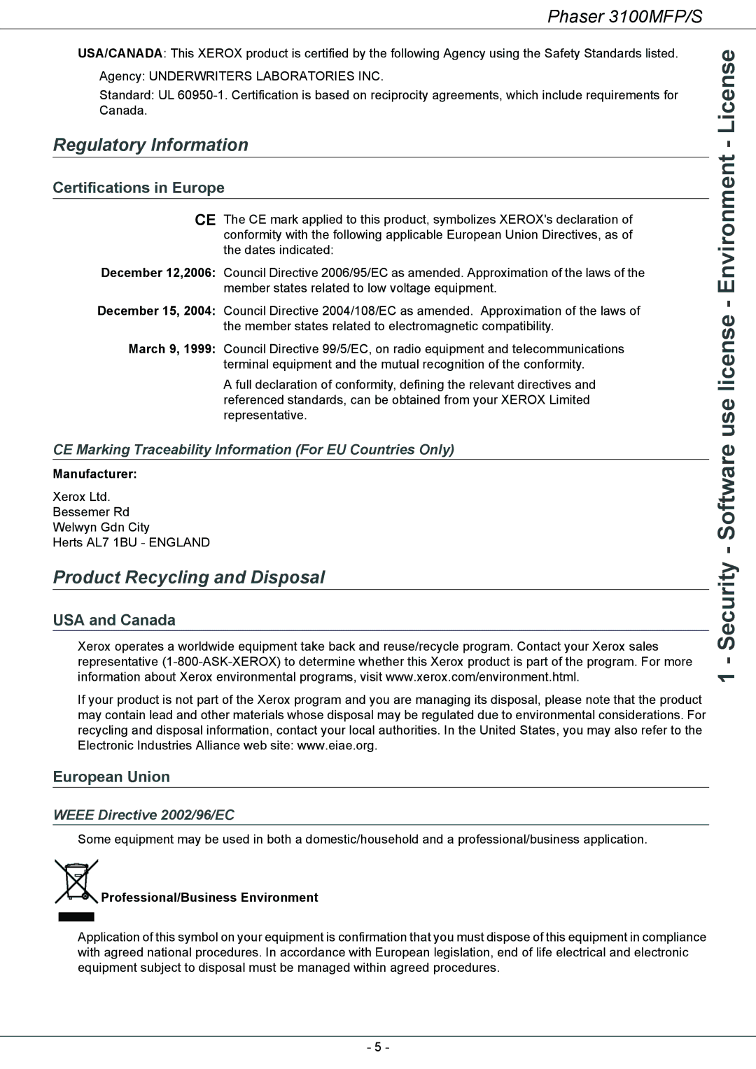 Xerox 3100MFP/S manual Regulatory Information, Product Recycling and Disposal, Certifications in Europe, USA and Canada 