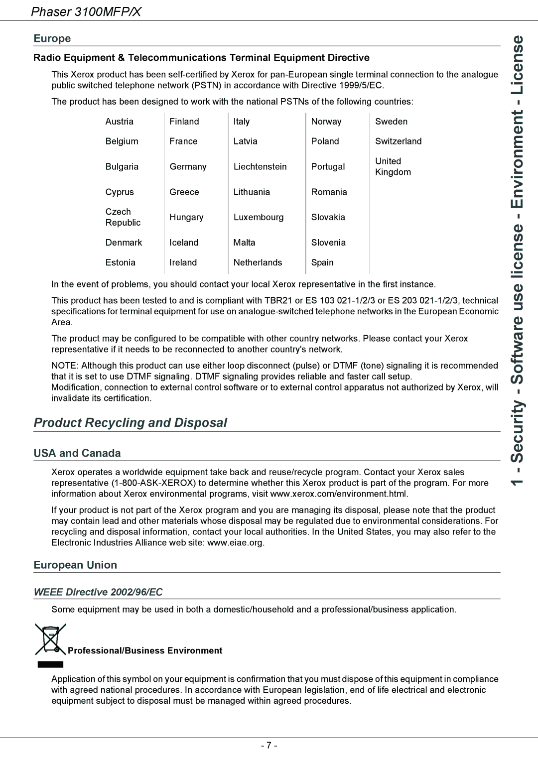 Xerox 3100MFP/X manual License Environment, Security Software use, Product Recycling and Disposal 