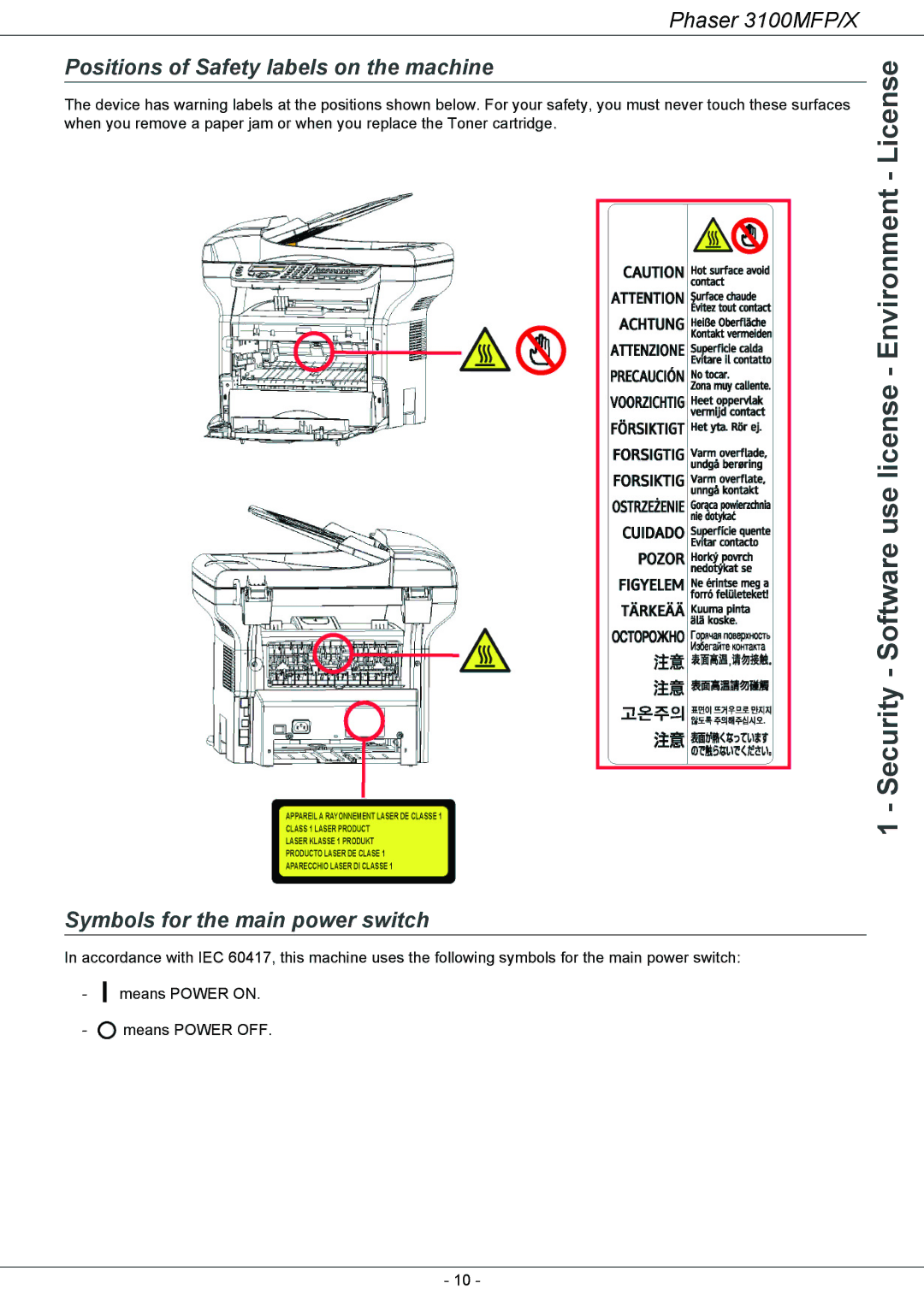 Xerox 3100MFP/X manual Positions of Safety labels on the machine, Symbols for the main power switch 