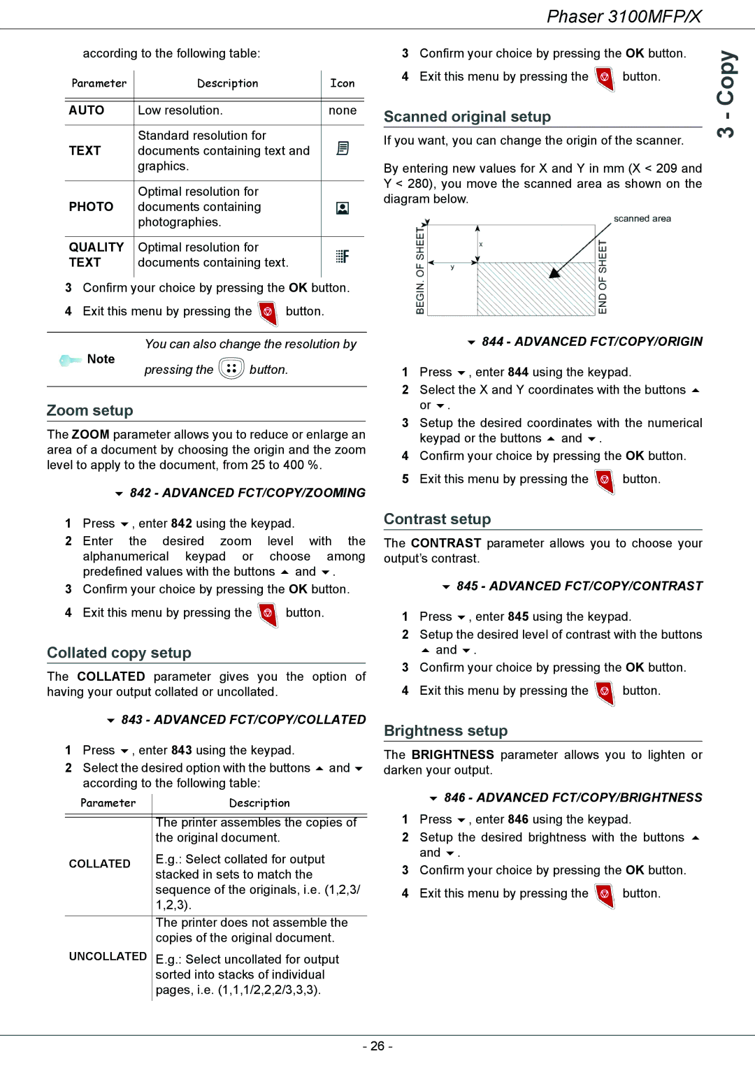 Xerox 3100MFP/X manual Zoom setup, Collated copy setup, Scanned original setup, Contrast setup, Brightness setup 