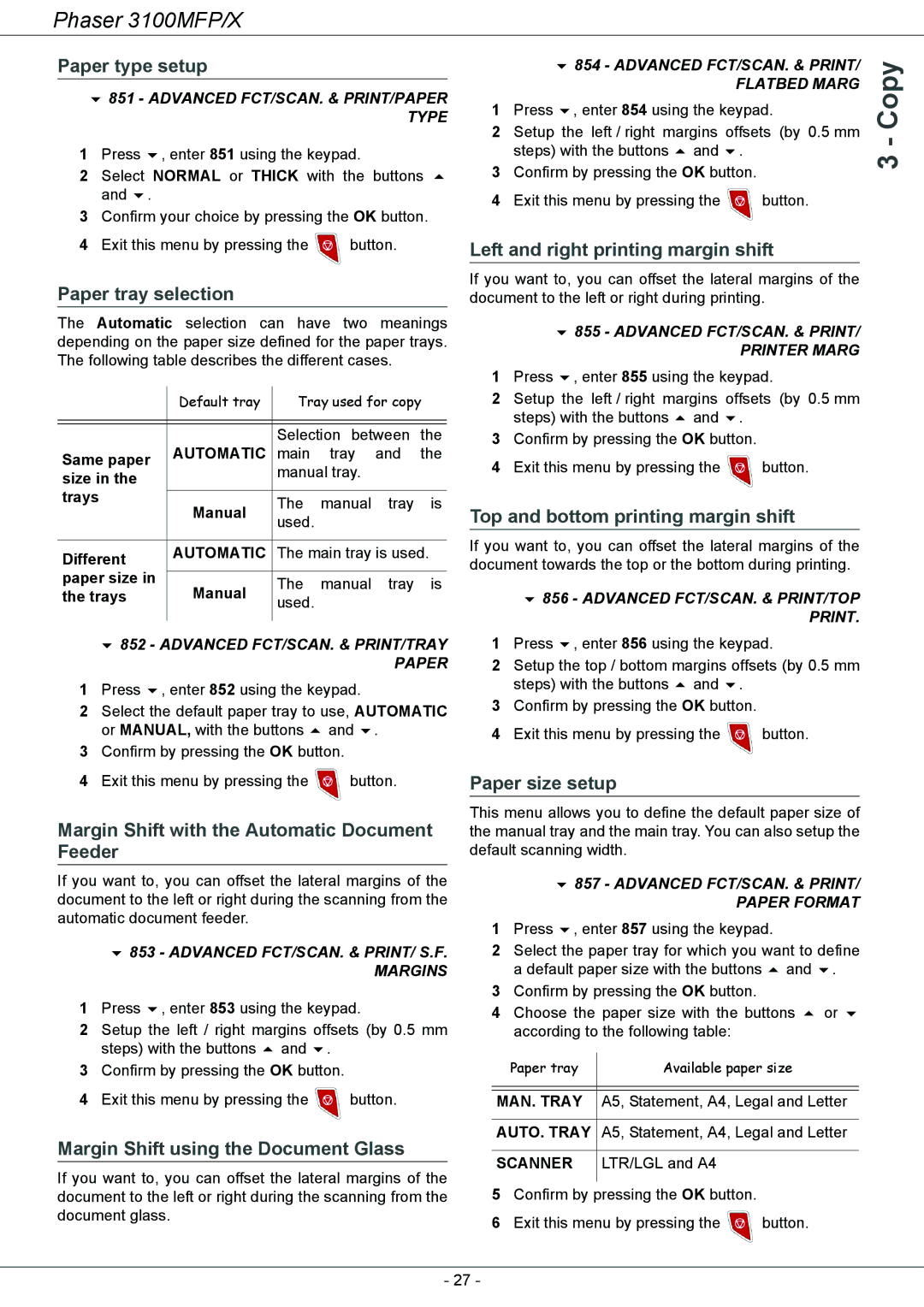 Xerox 3100MFP/X Paper type setup, Paper tray selection, Margin Shift with the Automatic Document Feeder, Paper size setup 