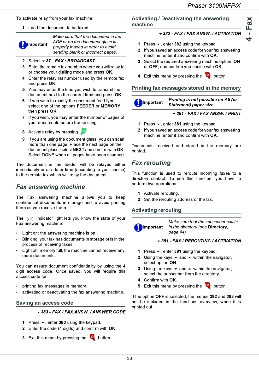 Xerox 3100MFP/X Fax answering machine, Fax rerouting, Saving an access code, Printing fax messages stored in the memory 