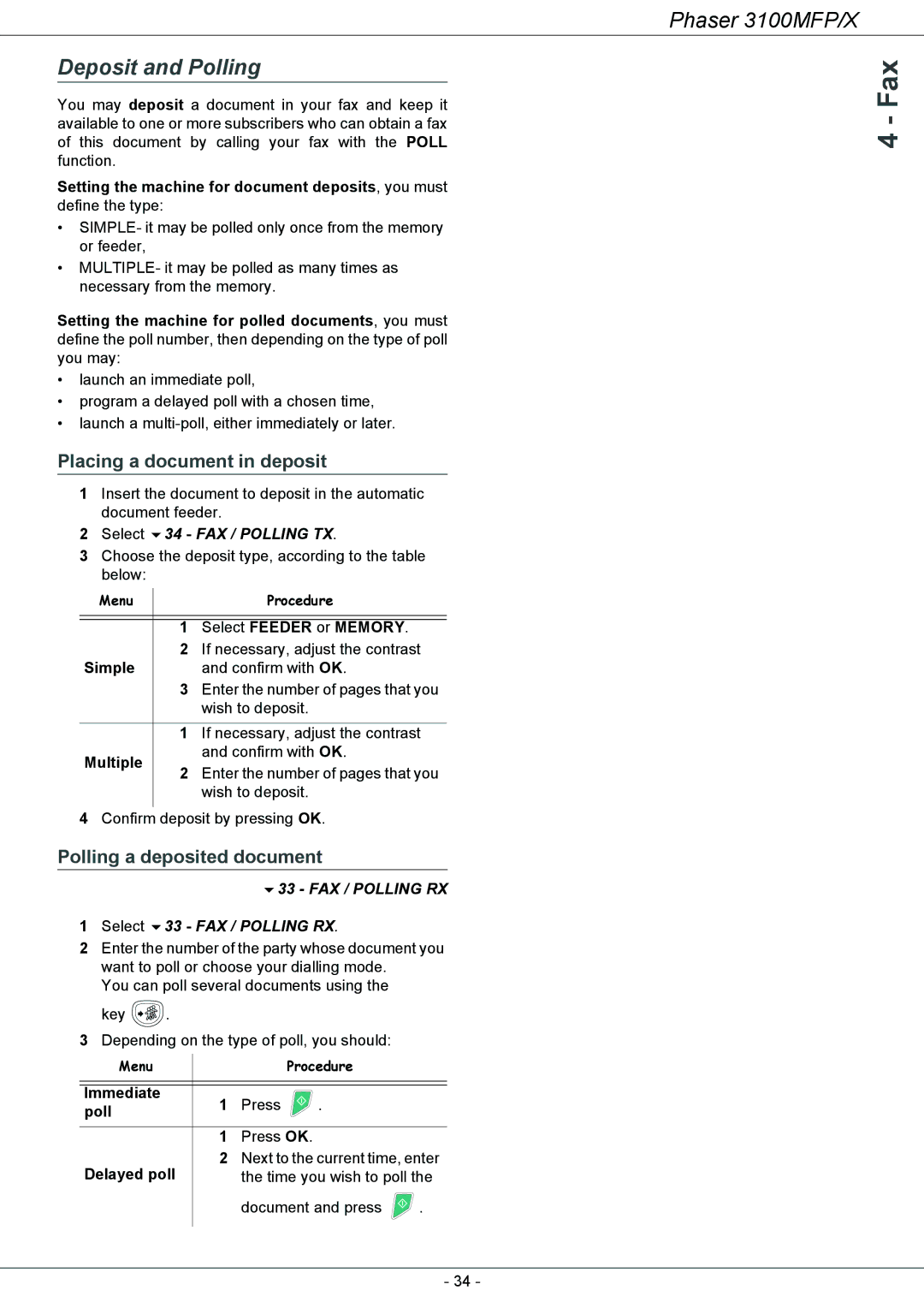 Xerox 3100MFP/X manual Deposit and Polling, Placing a document in deposit, Polling a deposited document, FAX / Polling RX 