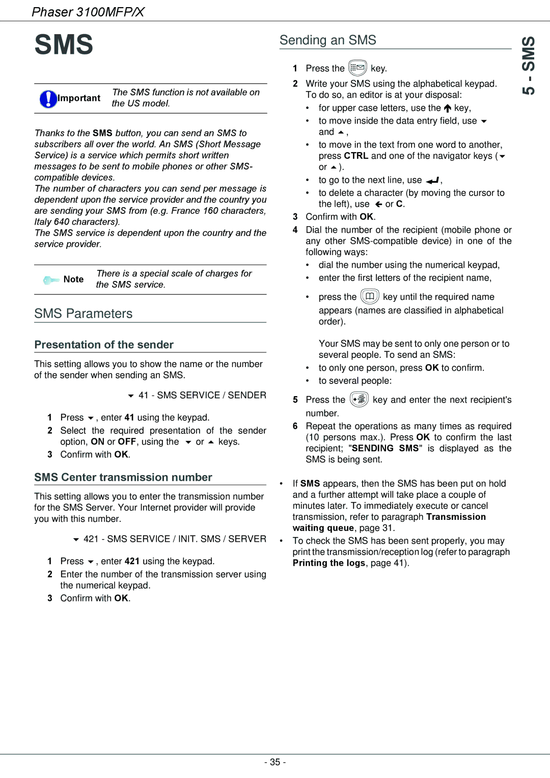 Xerox 3100MFP/X manual Sms, SMS Parameters, Sending an SMS, Presentation of the sender, SMS Center transmission number 