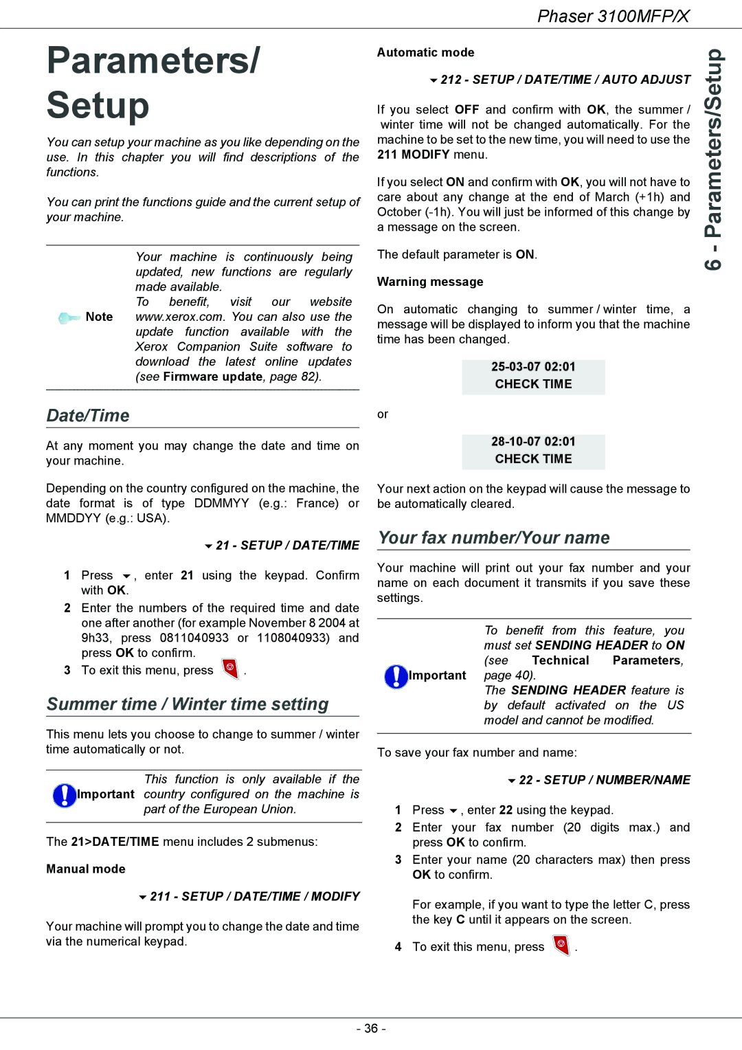 Xerox 3100MFP/X manual Parameters Setup, Date/Time, Summer time / Winter time setting, Your fax number/Your name 