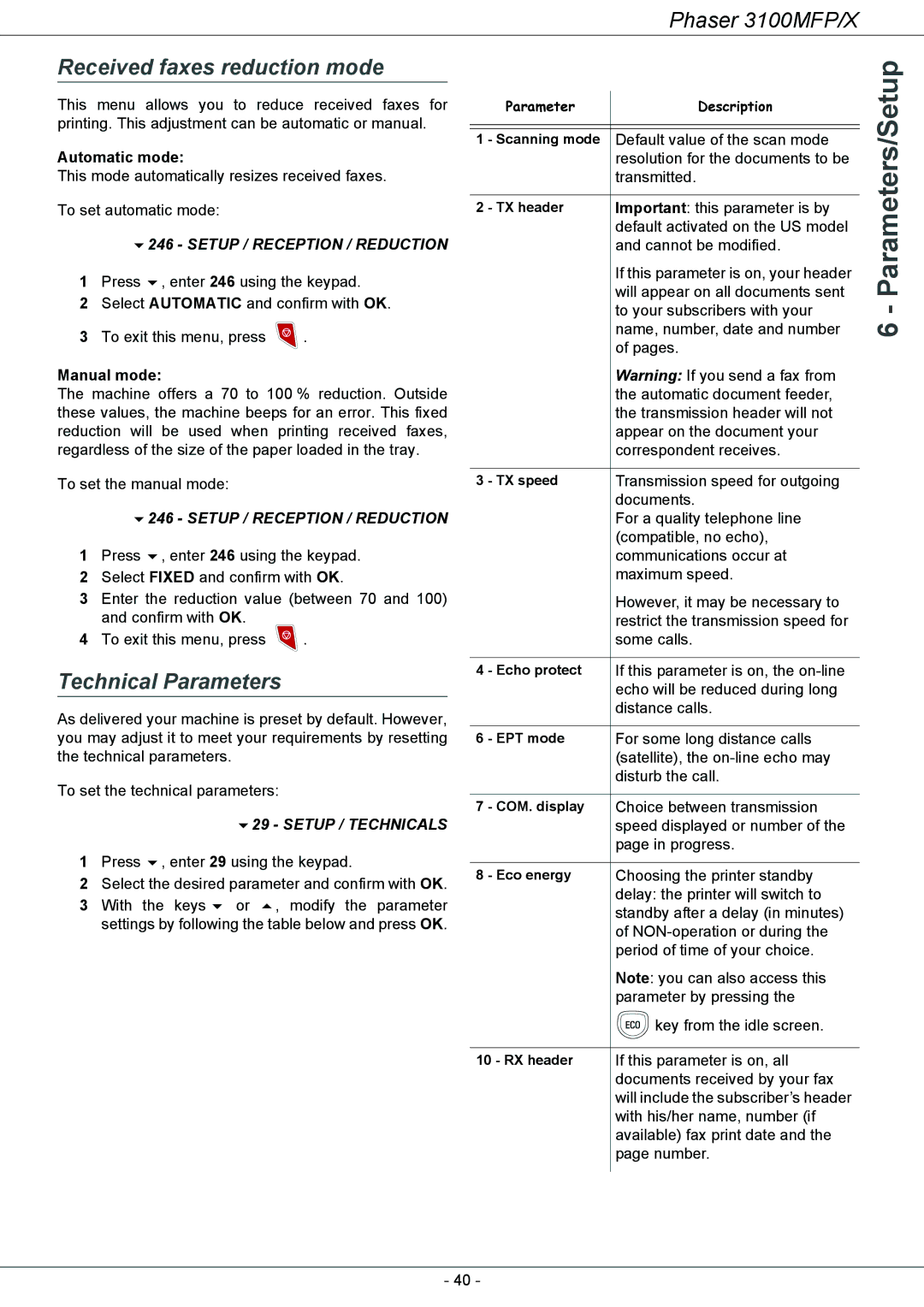 Xerox 3100MFP/X Received faxes reduction mode, Technical Parameters, Setup / Reception / Reduction, Setup / Technicals 