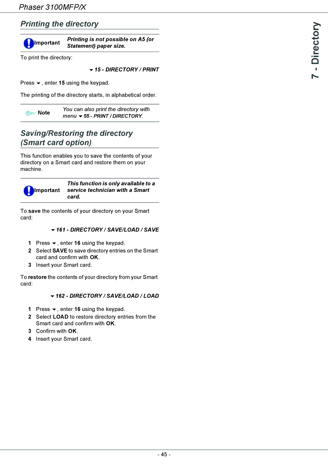 Xerox 3100MFP/X manual Printing the directory, Saving/Restoring the directory Smart card option, Directory / Print 