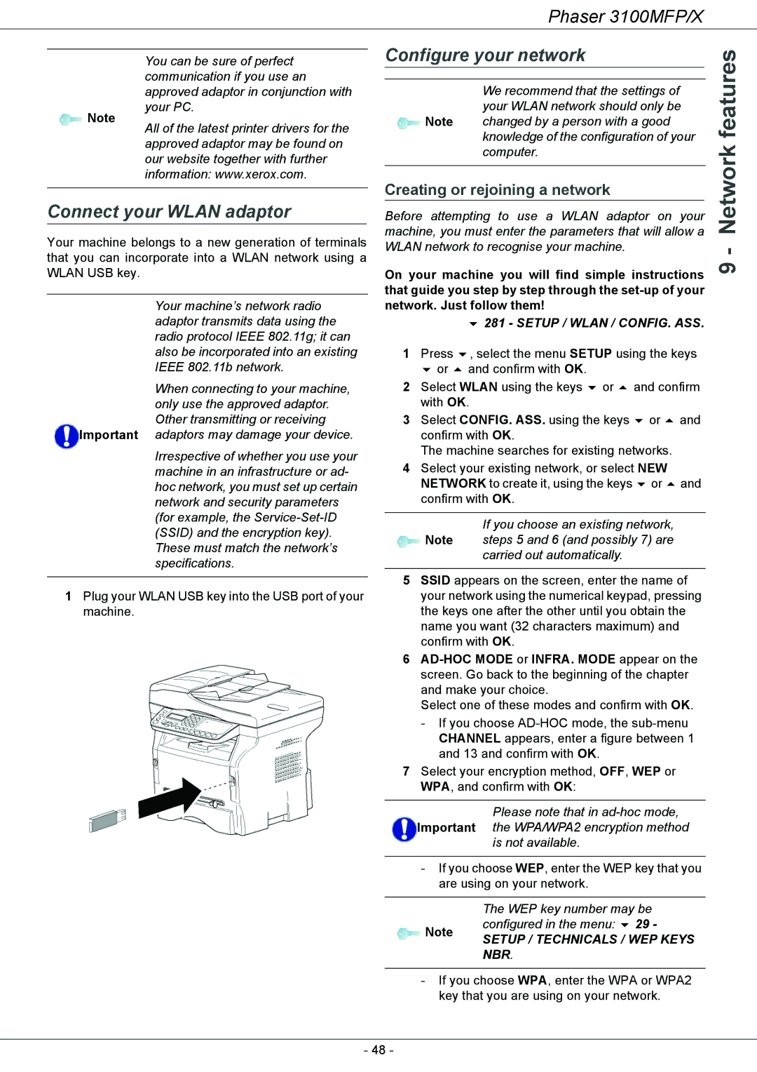 Xerox 3100MFP/X manual Connect your Wlan adaptor, Configure your network, Creating or rejoining a network 