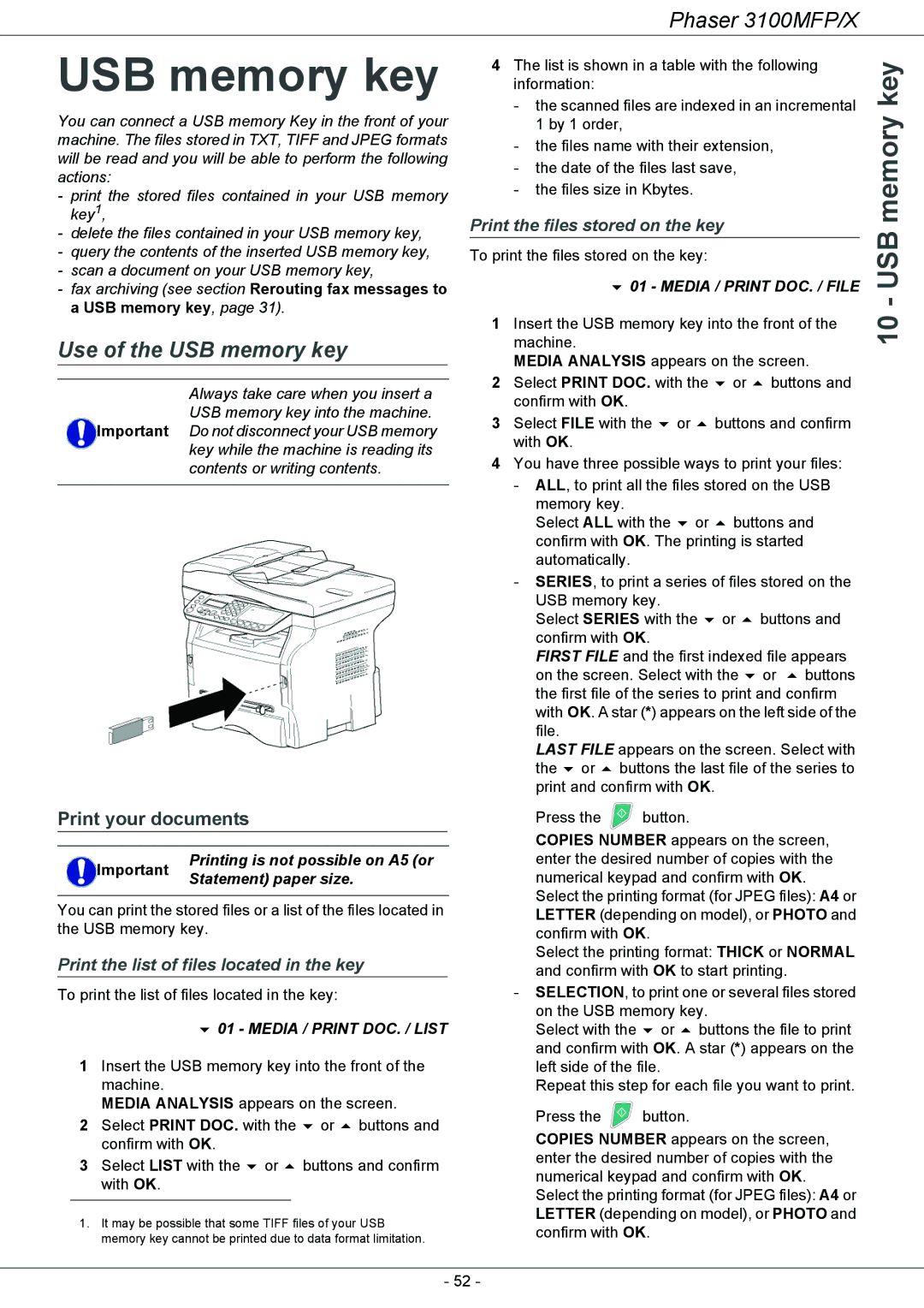 Xerox 3100MFP/X manual Use of the USB memory key, Print your documents 