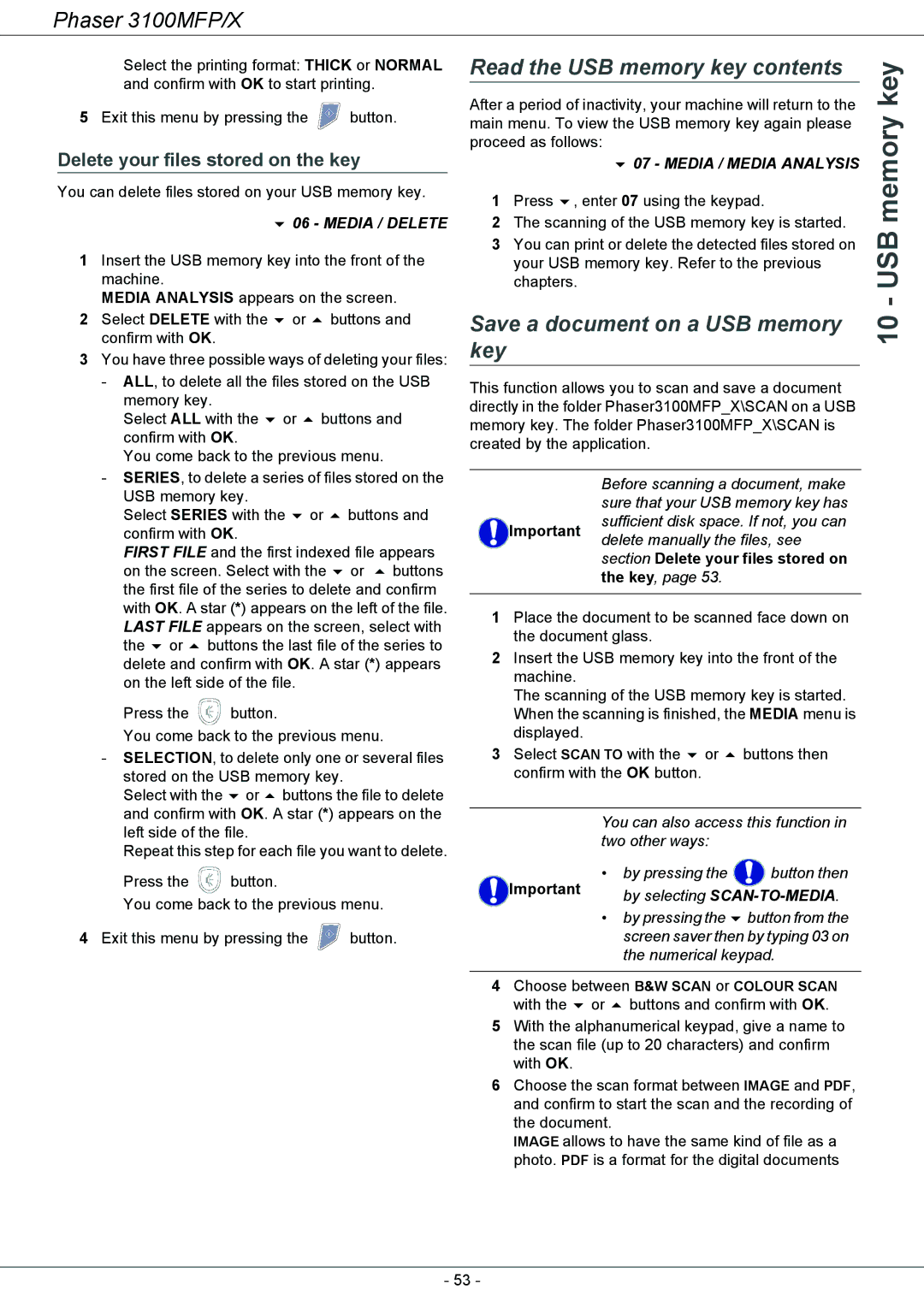 Xerox 3100MFP/X manual Read the USB memory key contents, Save a document on a USB memory Key 