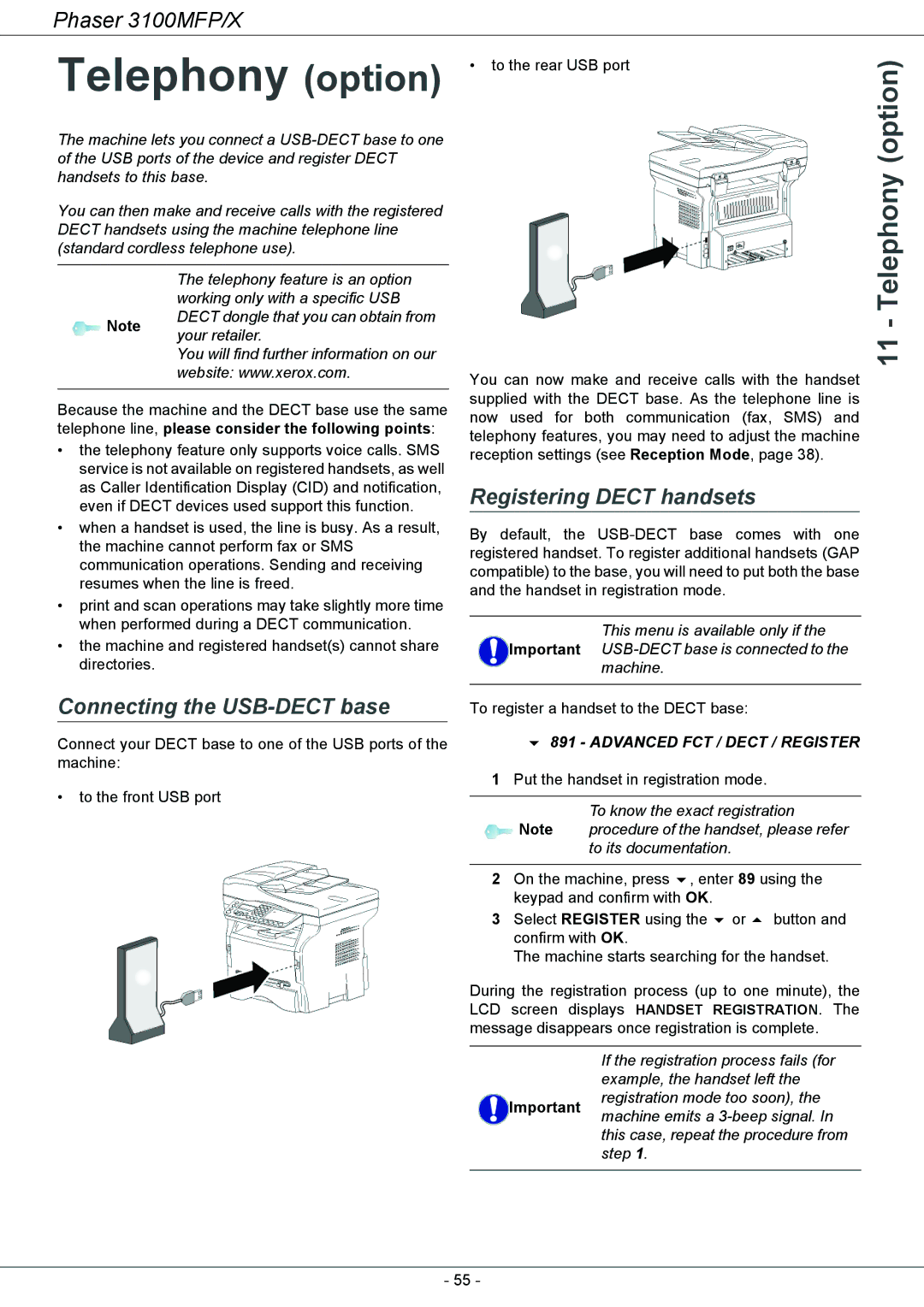 Xerox 3100MFP/X Telephony option, Connecting the USB-DECT base, Registering Dect handsets, Advanced FCT / Dect / Register 