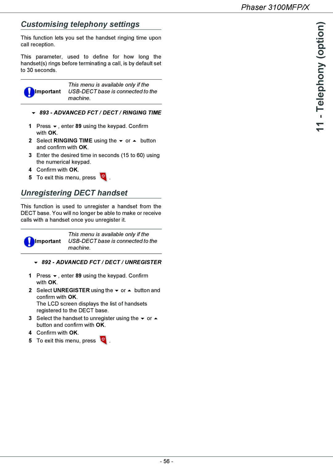 Xerox 3100MFP/X manual Telephony option, Customising telephony settings, Unregistering Dect handset 