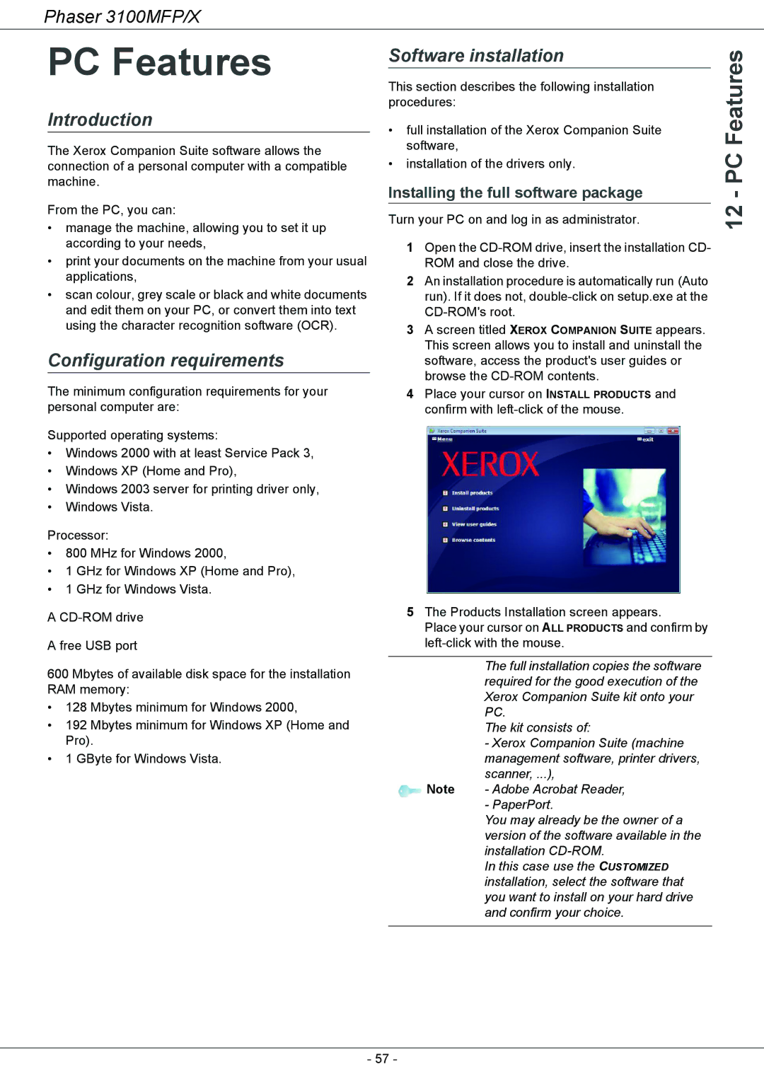 Xerox 3100MFP/X manual PC Features, Introduction, Configuration requirements, Software installation 