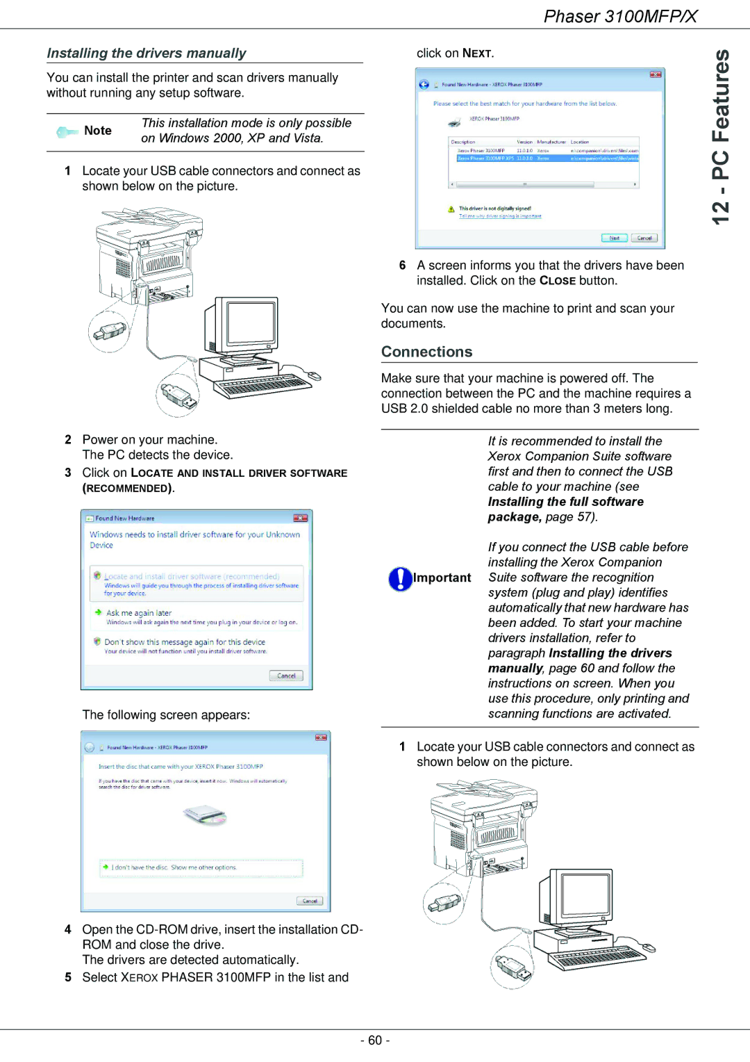 Xerox 3100MFP/X Connections, Installing the drivers manually, This installation mode is only possible 