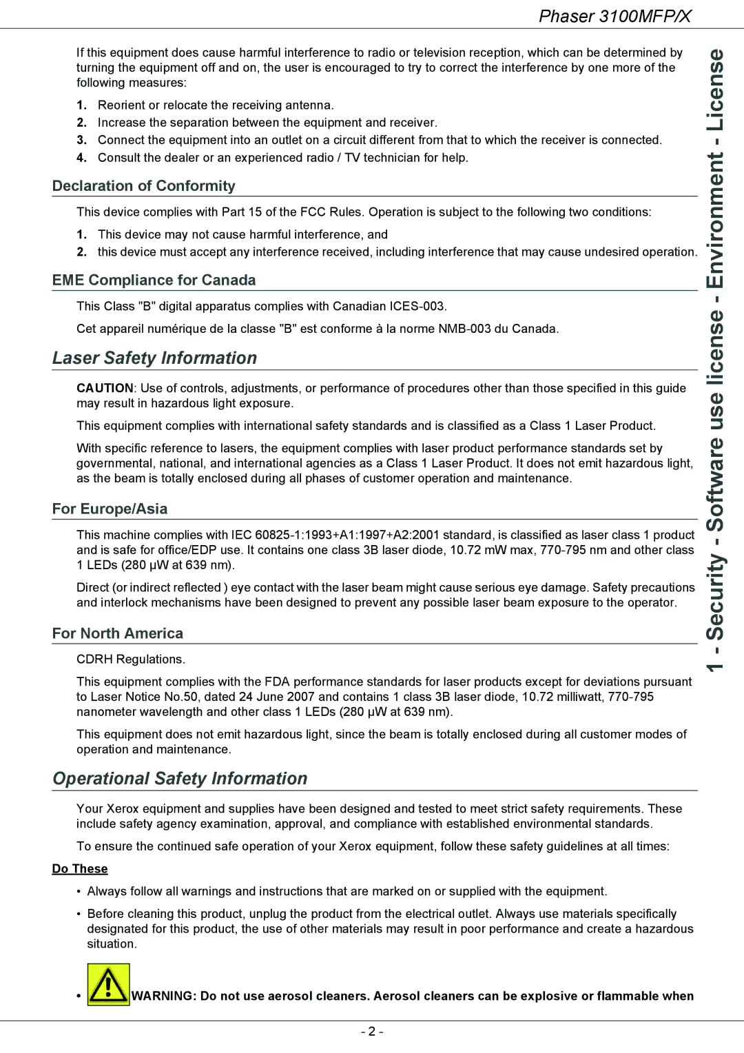 Xerox 3100MFP/X manual Laser Safety Information, Operational Safety Information 