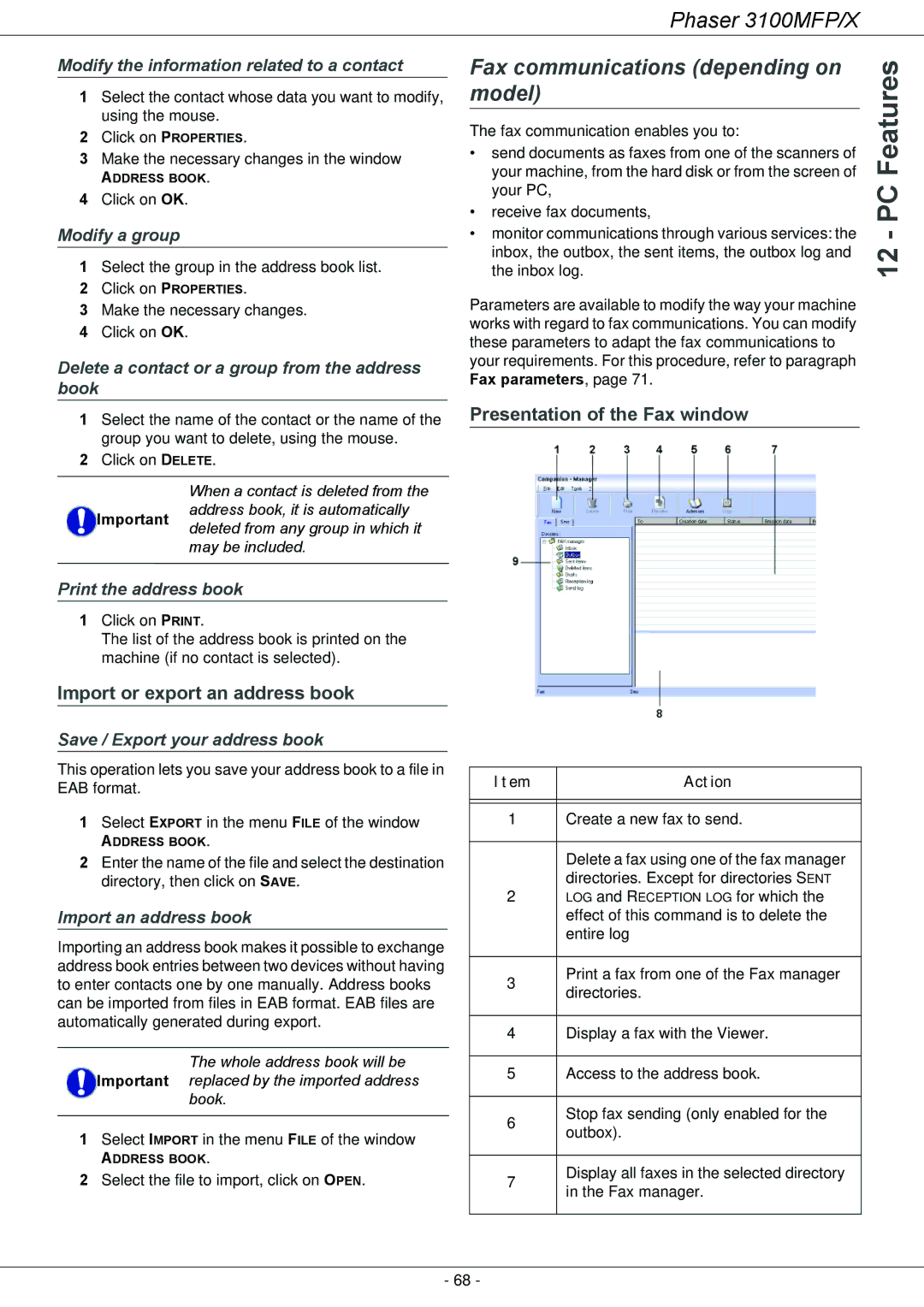 Xerox 3100MFP/X Fax communications depending on model, Import or export an address book, Presentation of the Fax window 