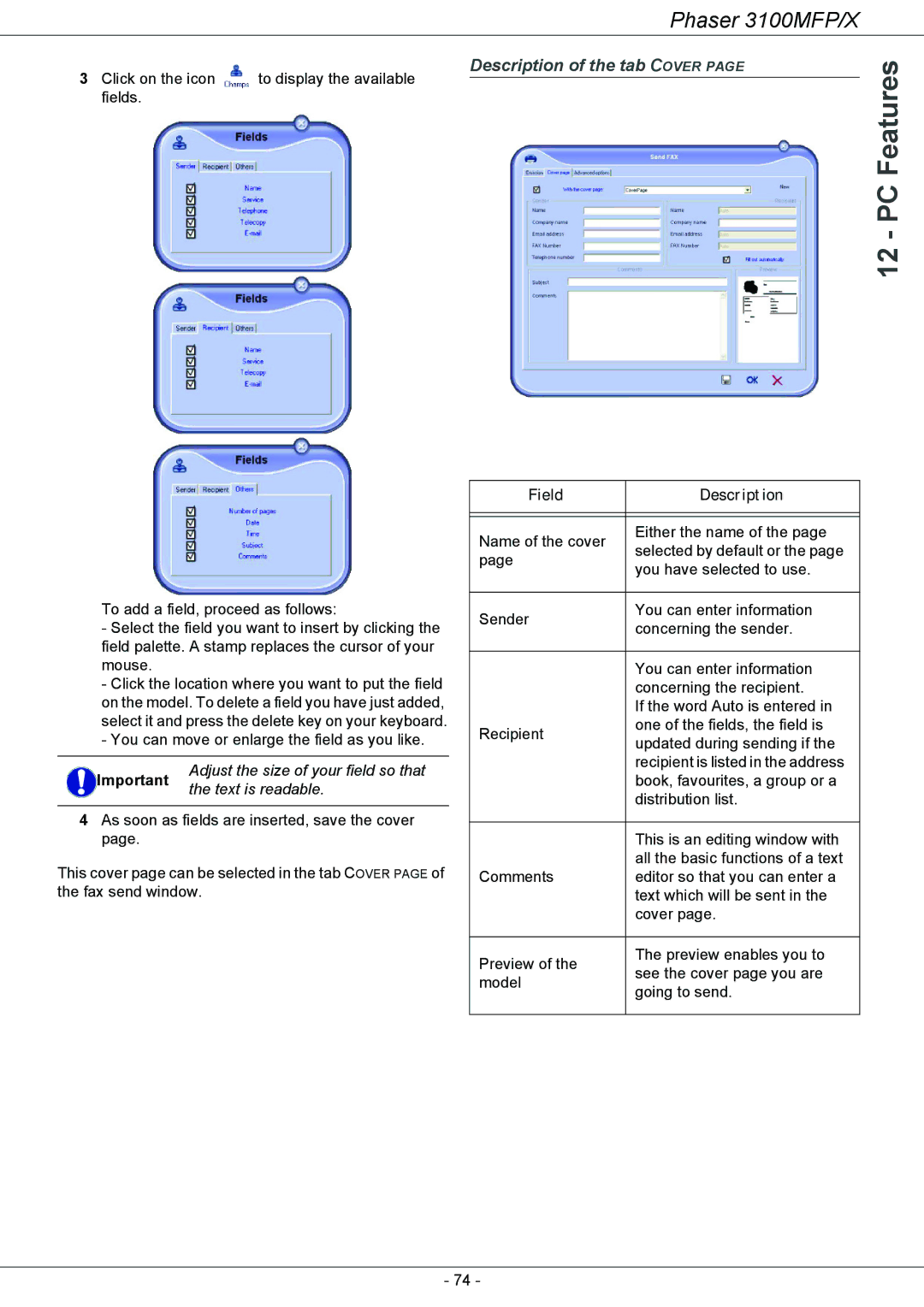 Xerox 3100MFP/X Description of the tab Cover page FeaturesPC, Adjust the size of your field so that, Text is readable 