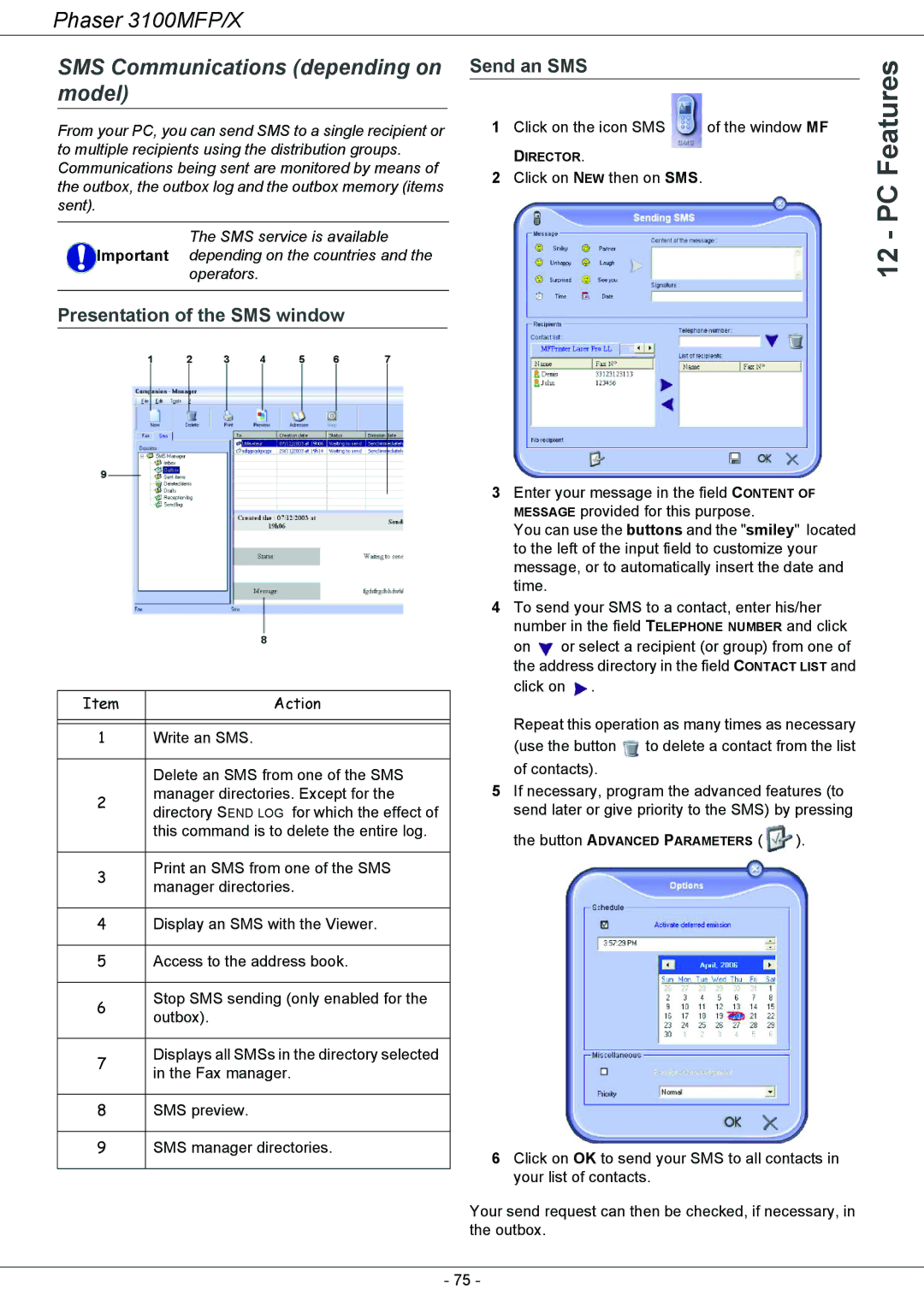 Xerox 3100MFP/X manual SMS Communications depending on model, Presentation of the SMS window, Send an SMS 