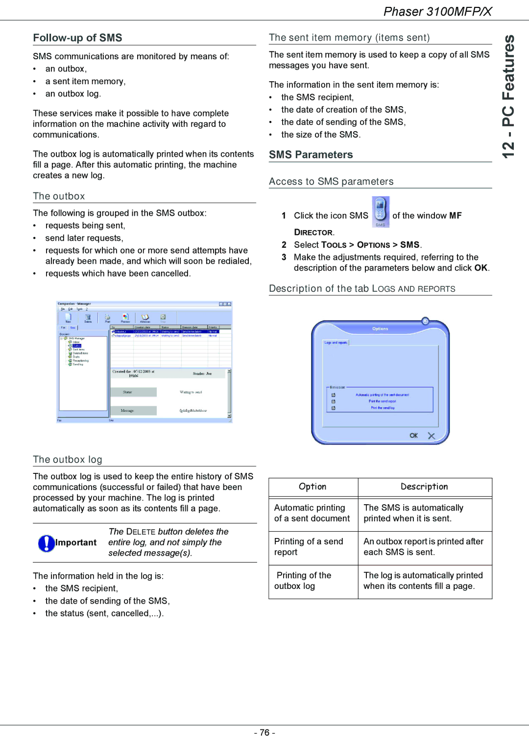 Xerox 3100MFP/X manual Follow-up of SMS, SMS Parameters, Sent item memory items sent, Access to SMS parameters 