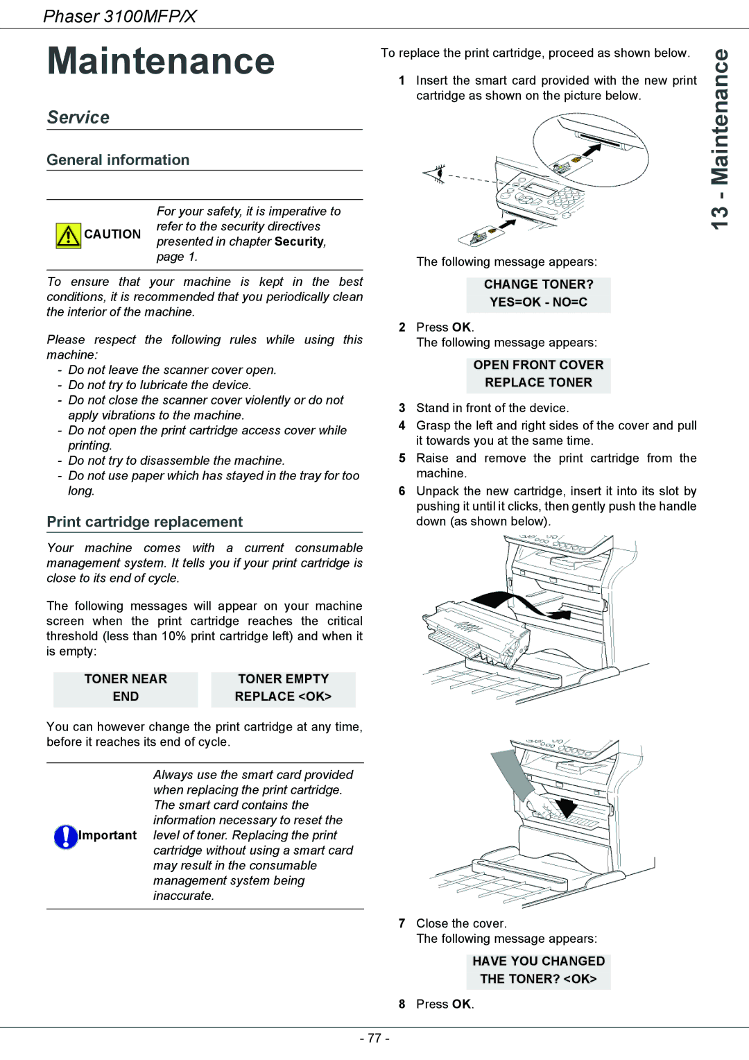 Xerox 3100MFP/X manual Maintenance, Service, General information, Print cartridge replacement 