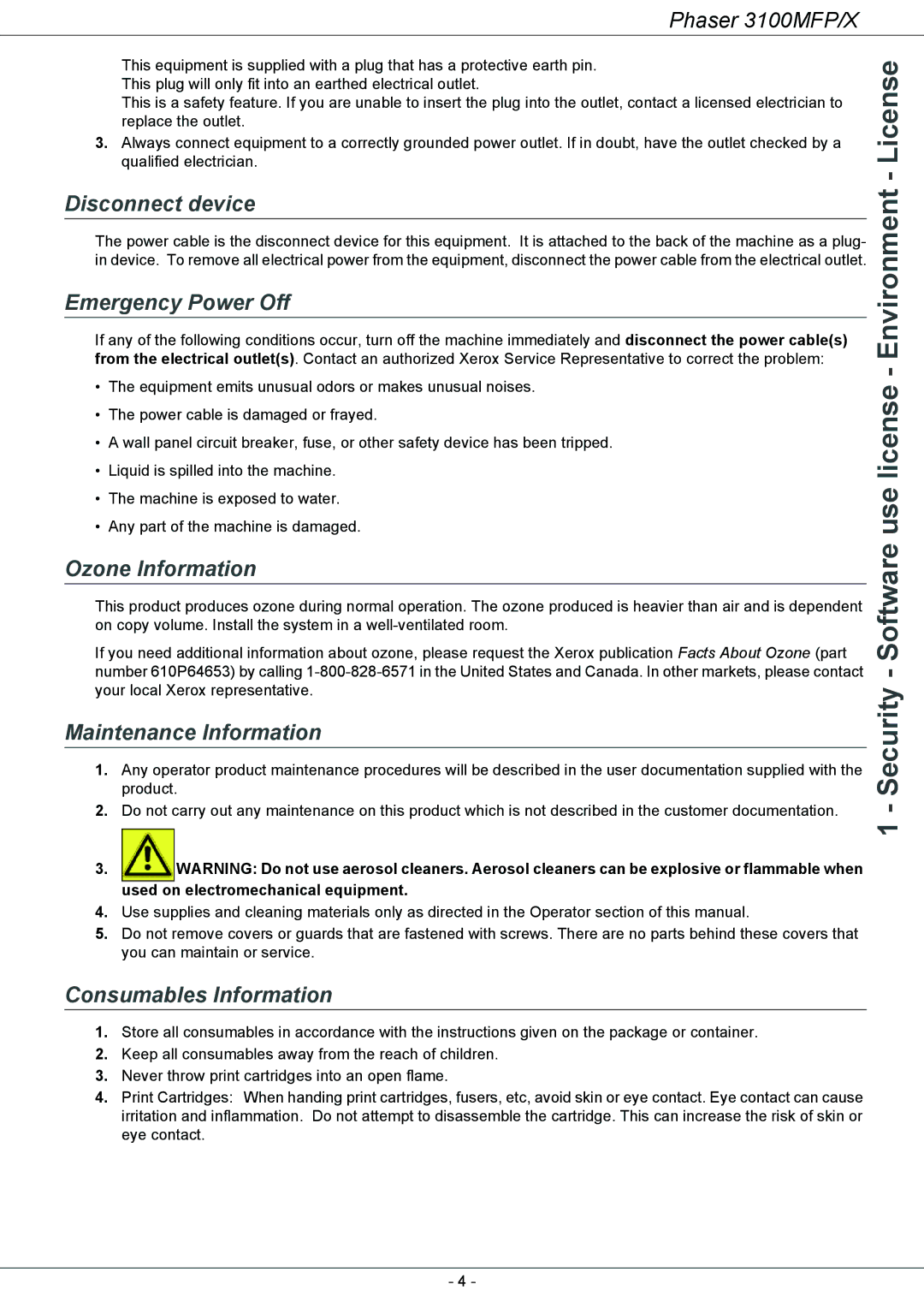 Xerox 3100MFP/X manual Disconnect device, Emergency Power Off, Ozone Information, Maintenance Information 