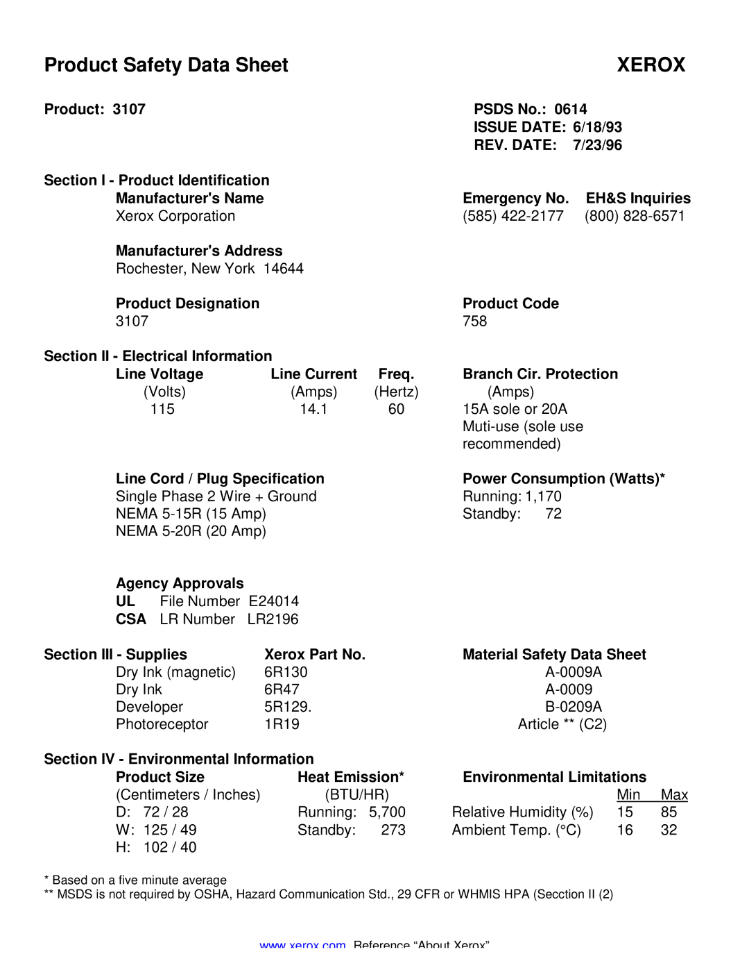 Xerox 3107 manual Xerox, Btu/Hr 