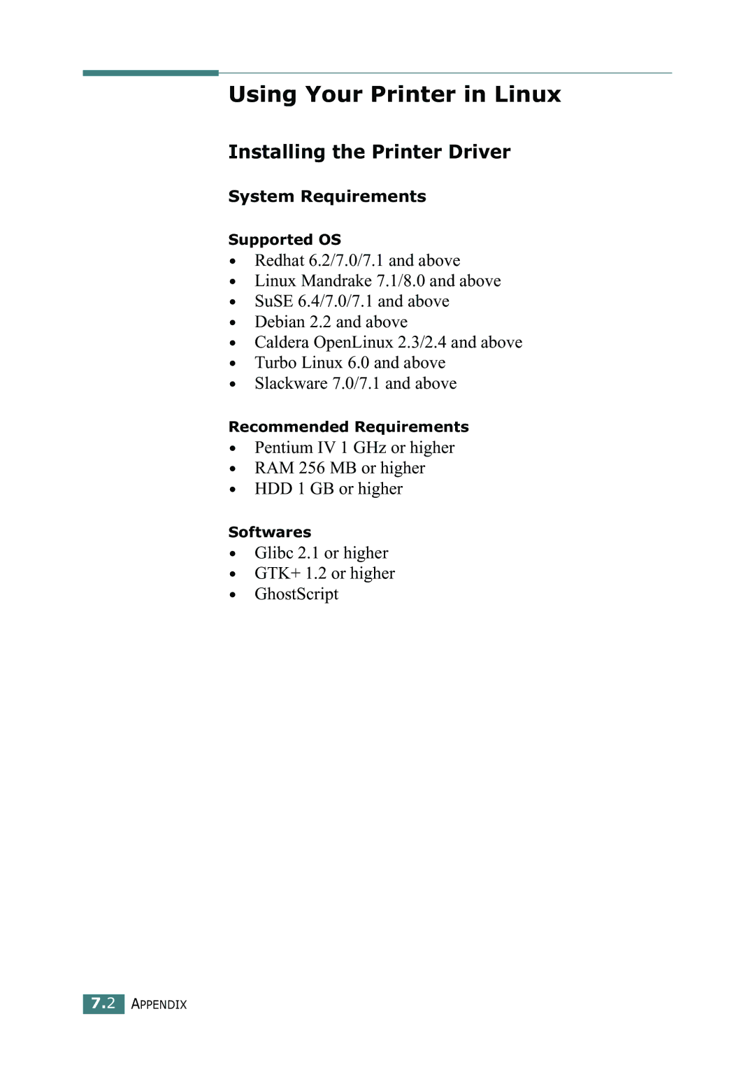 Xerox 3116 Using Your Printer in Linux, Installing the Printer Driver, Supported OS, Recommended Requirements, Softwares 