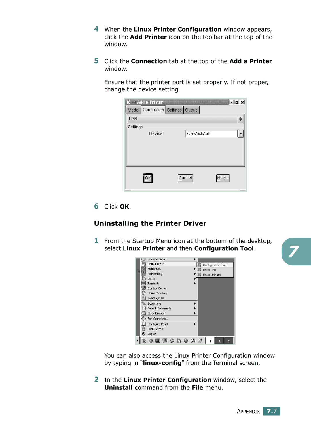 Xerox 3116 manual Uninstalling the Printer Driver, From the Startup Menu icon at the bottom of the desktop 