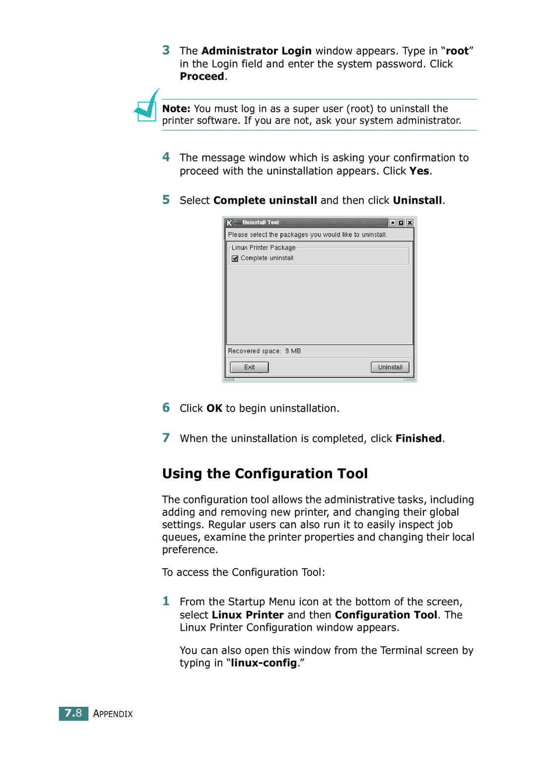 Xerox 3116 manual Using the Configuration Tool, Select Complete uninstall and then click Uninstall 