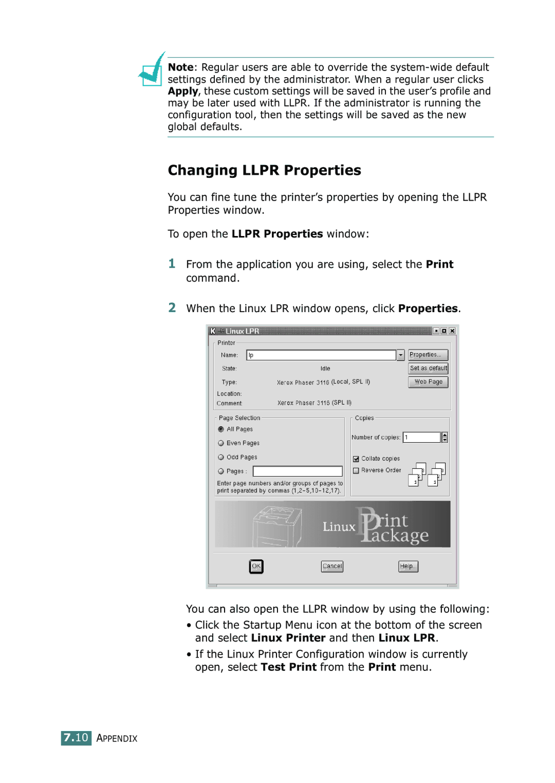 Xerox 3116 manual Changing Llpr Properties 