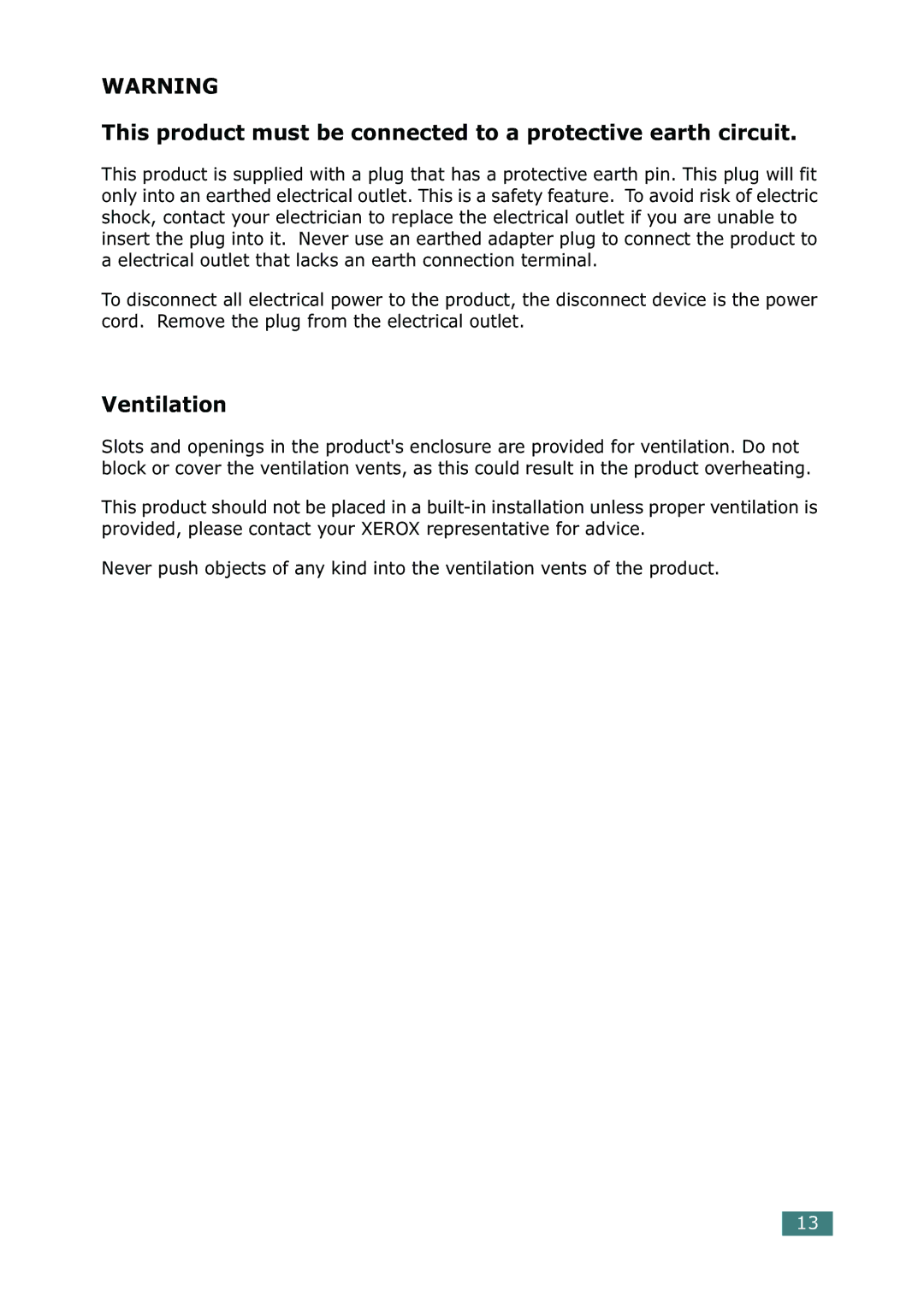 Xerox 3116 manual This product must be connected to a protective earth circuit 