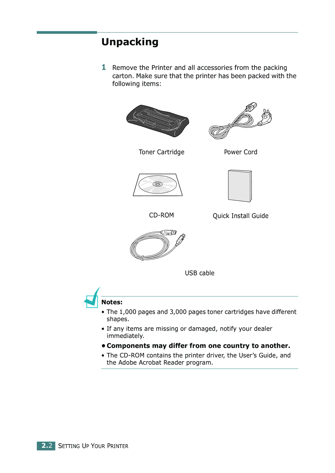 Xerox 3116 manual Unpacking, Components may differ from one country to another 