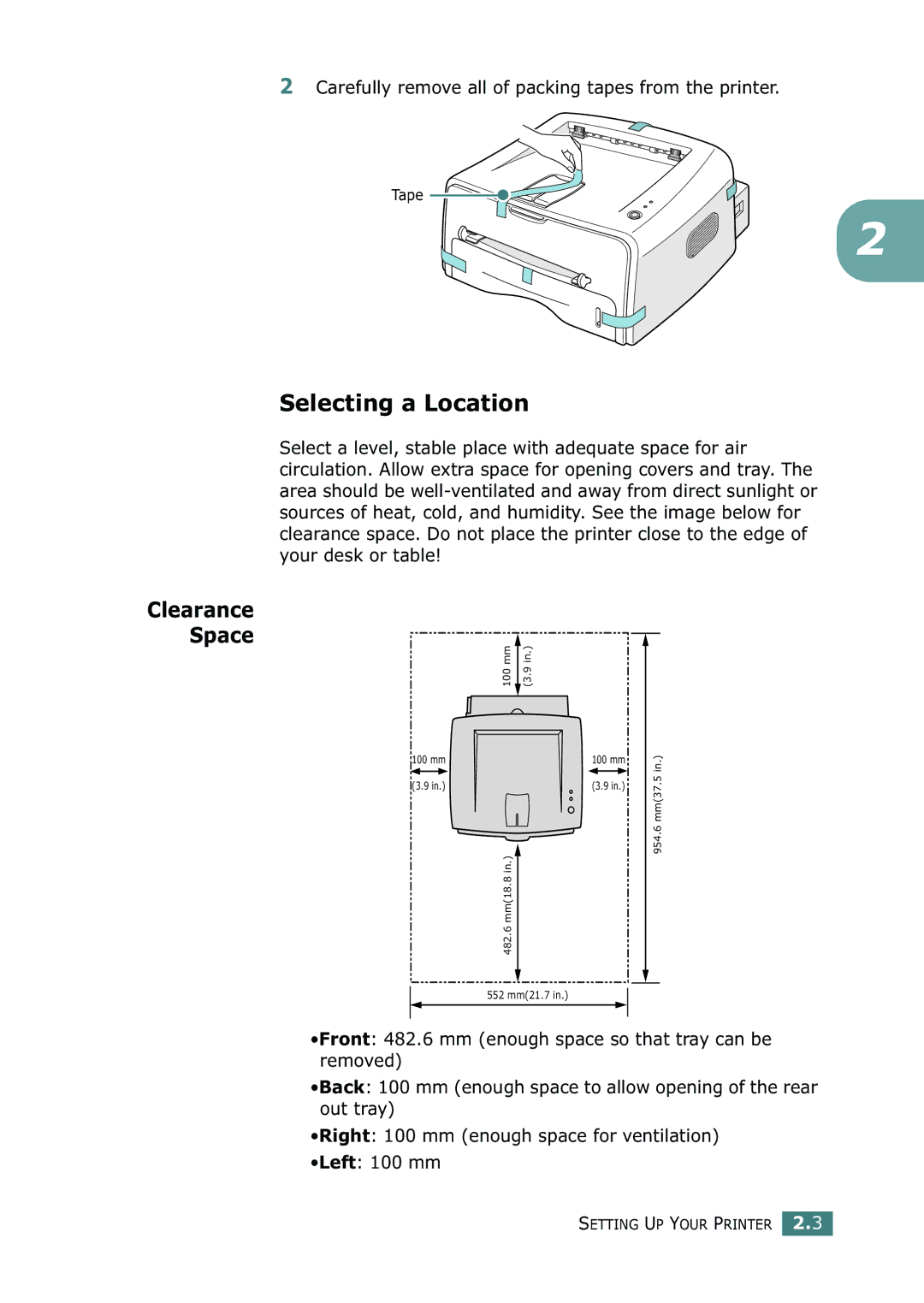 Xerox 3116 manual Selecting a Location, Clearance Space, Carefully remove all of packing tapes from the printer 