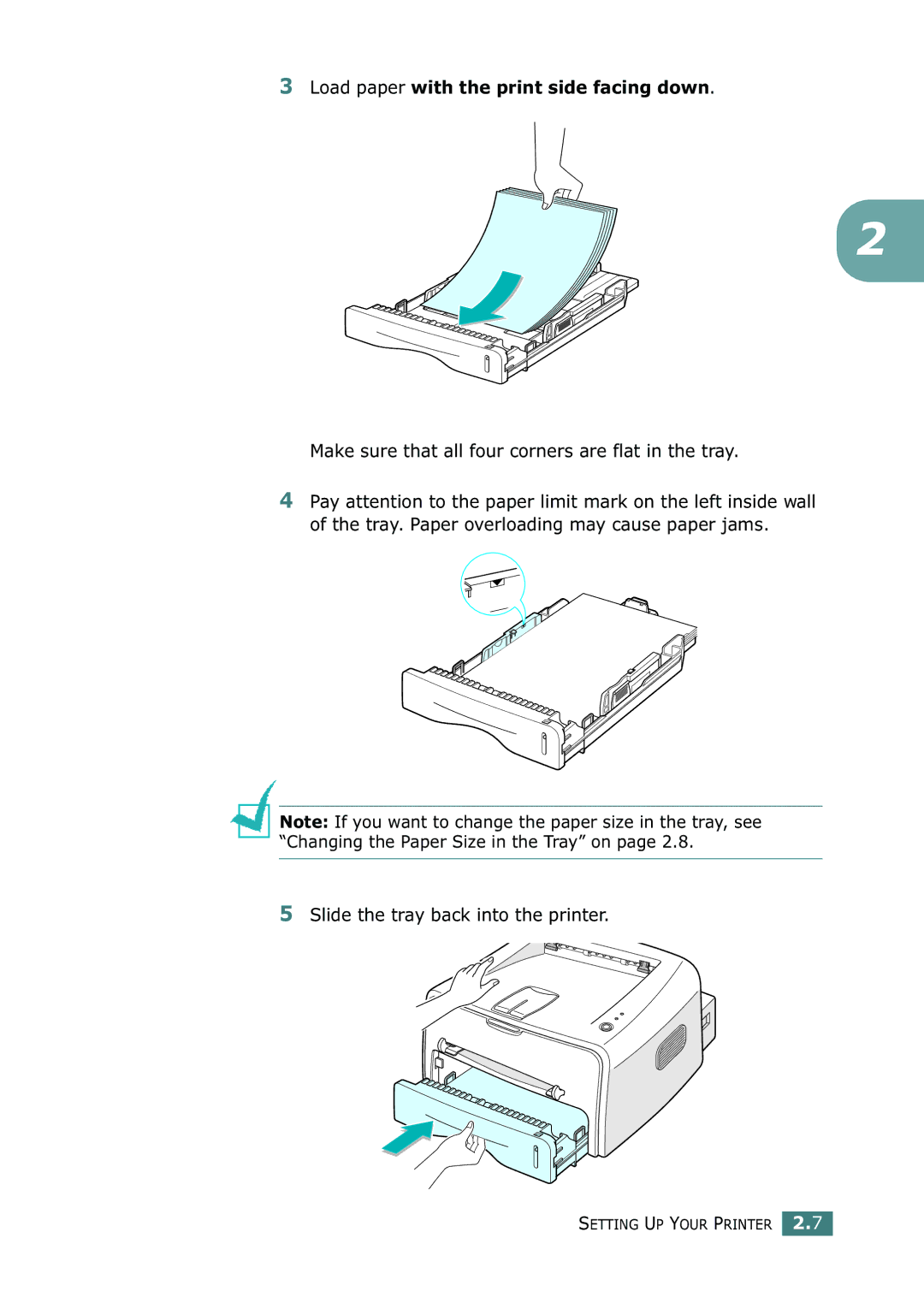 Xerox 3116 manual Load paper with the print side facing down, Make sure that all four corners are flat in the tray 