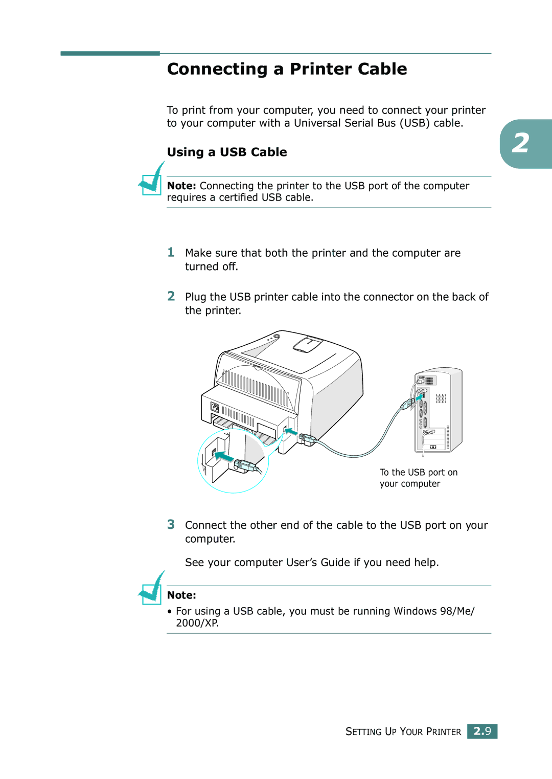 Xerox 3116 manual Connecting a Printer Cable, Using a USB Cable, To your computer with a Universal Serial Bus USB cable 