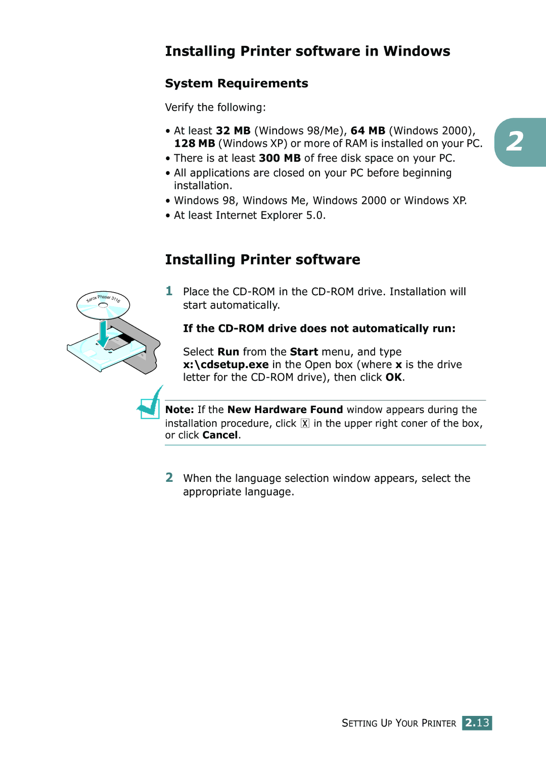 Xerox 3116 Installing Printer software in Windows, System Requirements, If the CD-ROM drive does not automatically run 