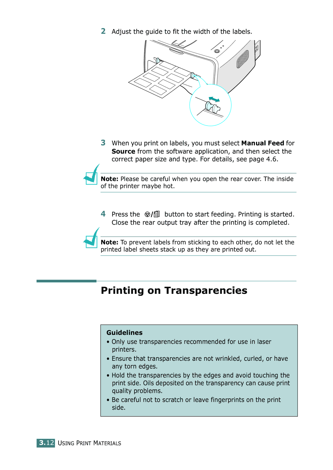 Xerox 3116 manual Printing on Transparencies, Adjust the guide to fit the width of the labels 