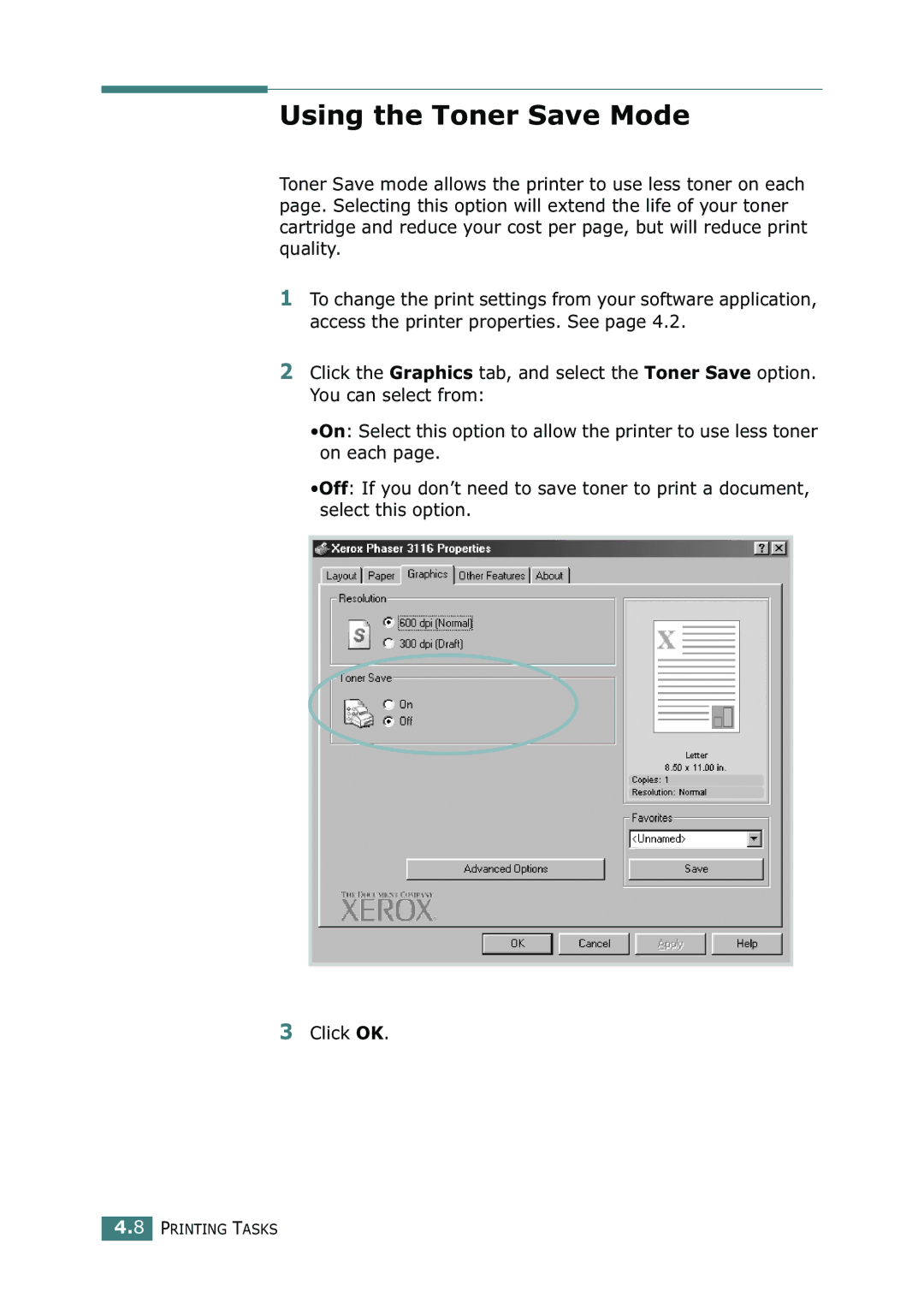 Xerox 3116 manual Using the Toner Save Mode 